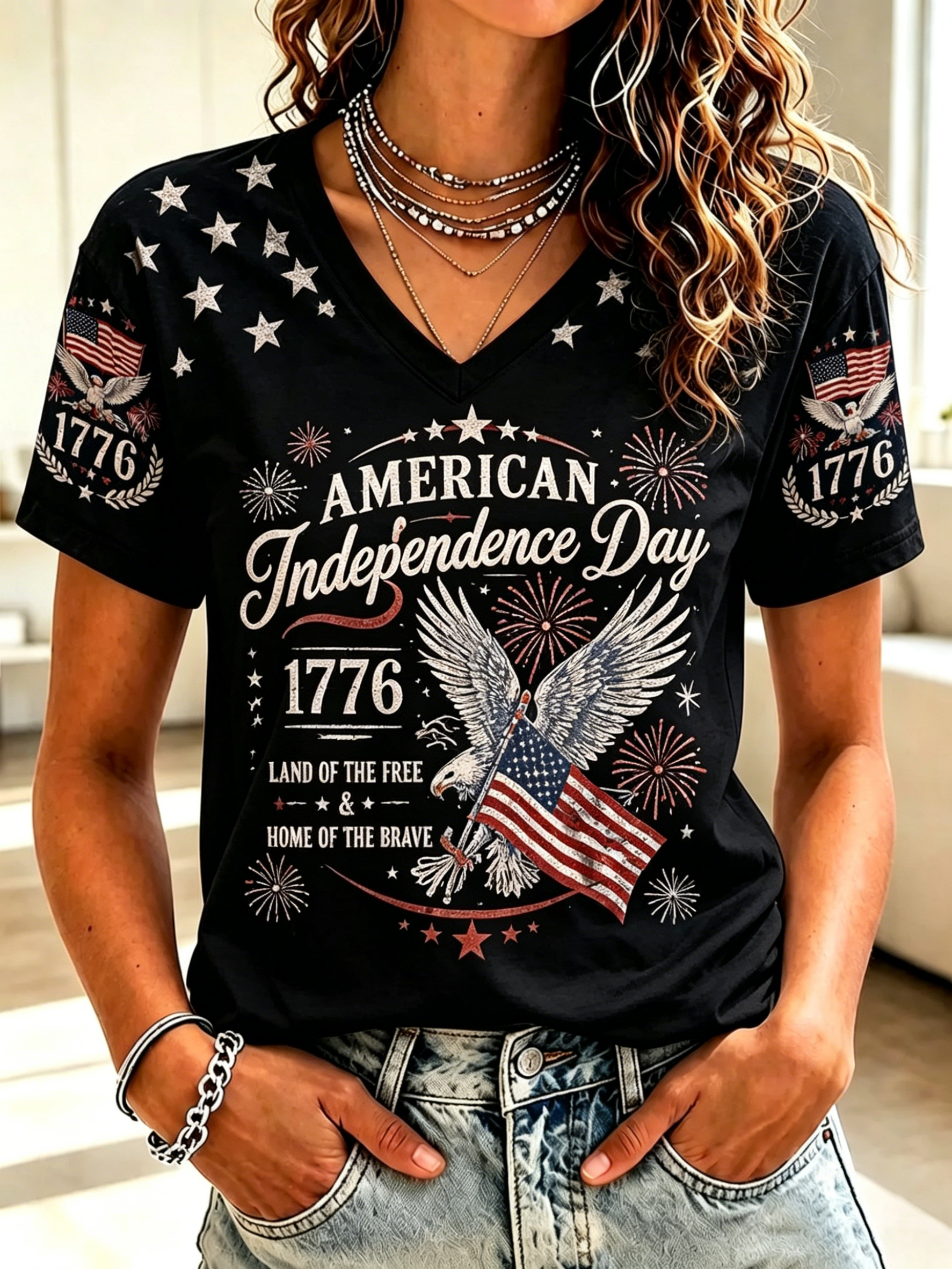 Independence Day Eagle Firework Star Sleeve Raglan V Neck Patriotic T-Shirt for Women
