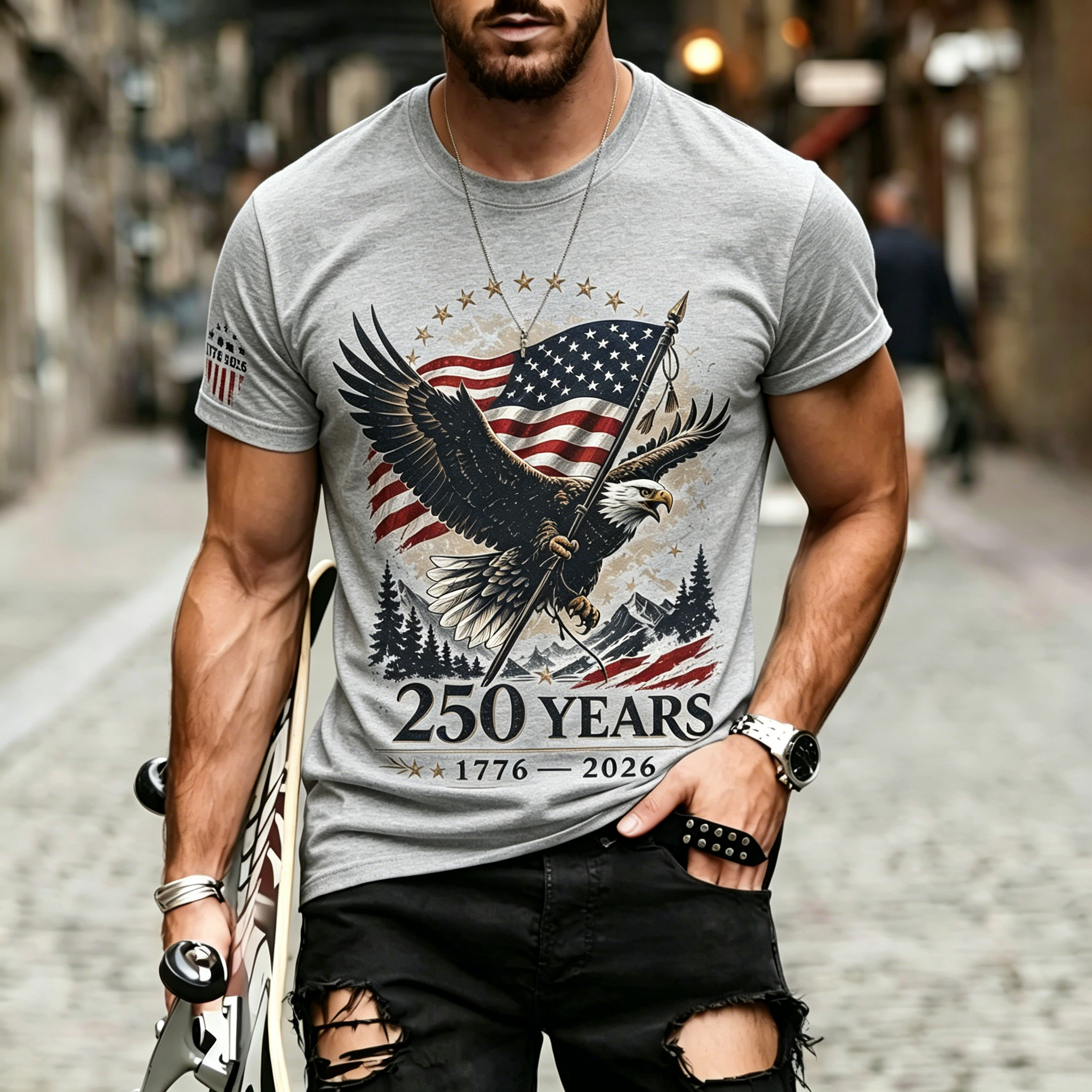 Vintage Eagle Mountain American Flag Sleeve Print Patriotic Crew Neck T-Shirt for Men