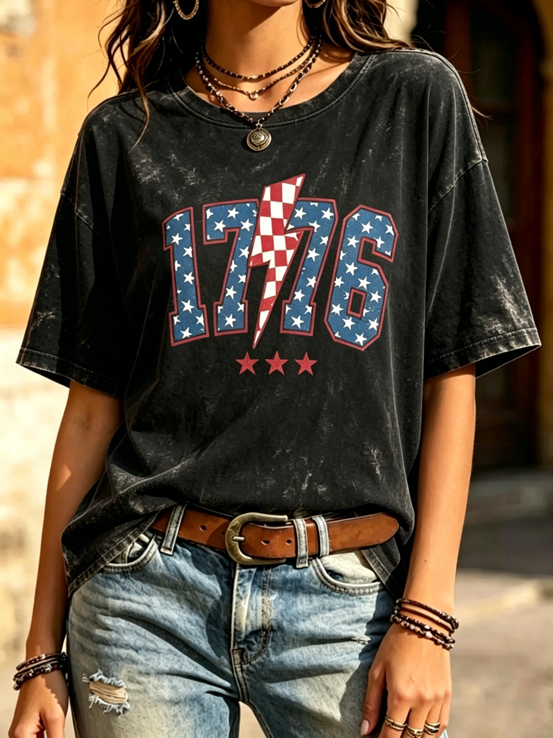 Retro Washed Denim Blue 1776 Star Lightning Bolt Patriotic Print Crew Neck Loose Fit Women Oversized Casual Independence Day Tee