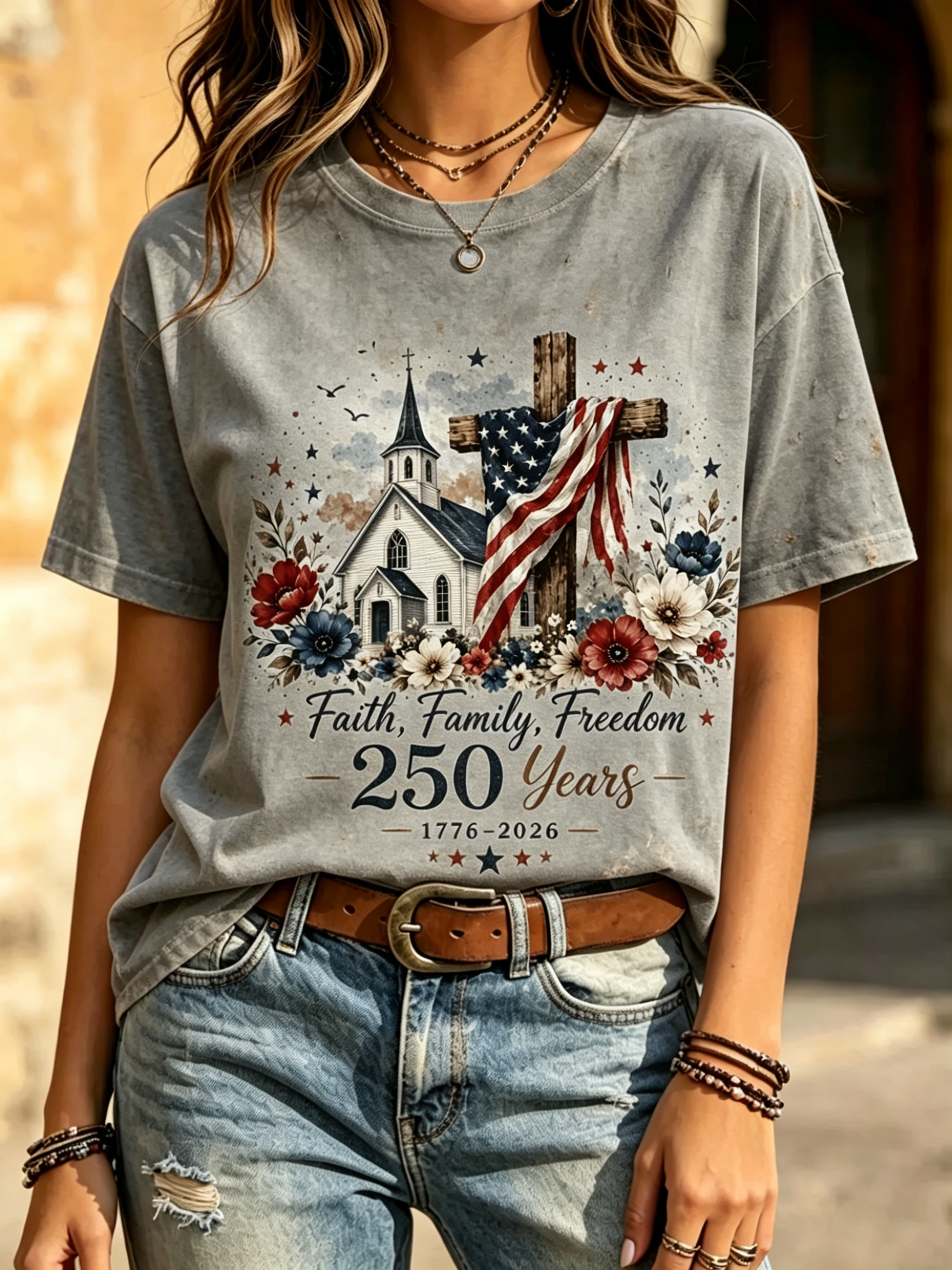 Vintage Faith Family Freedom 250th Anniversary Print Crew Neck T-Shirt for Women