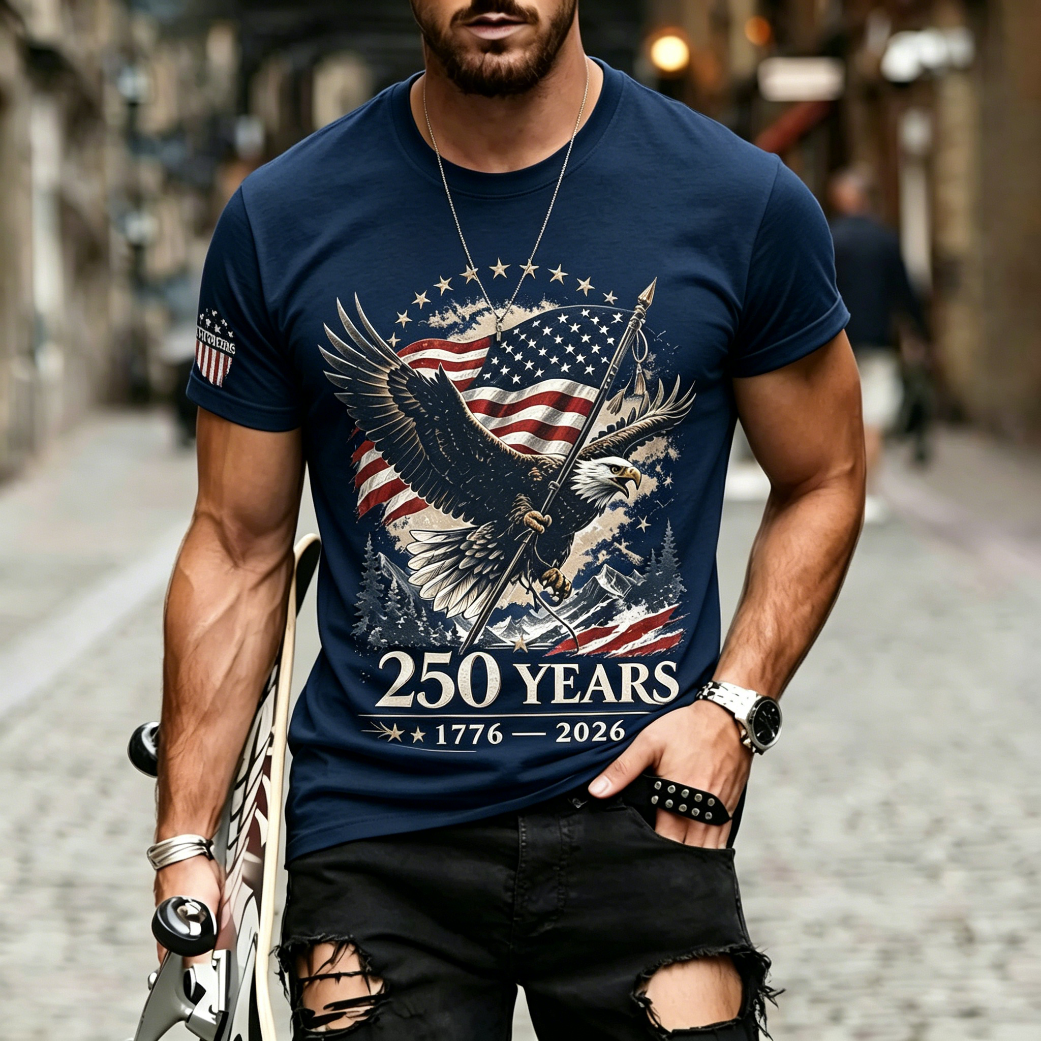 Vintage Eagle Mountain American Flag Sleeve Print Patriotic Crew Neck T-Shirt for Men