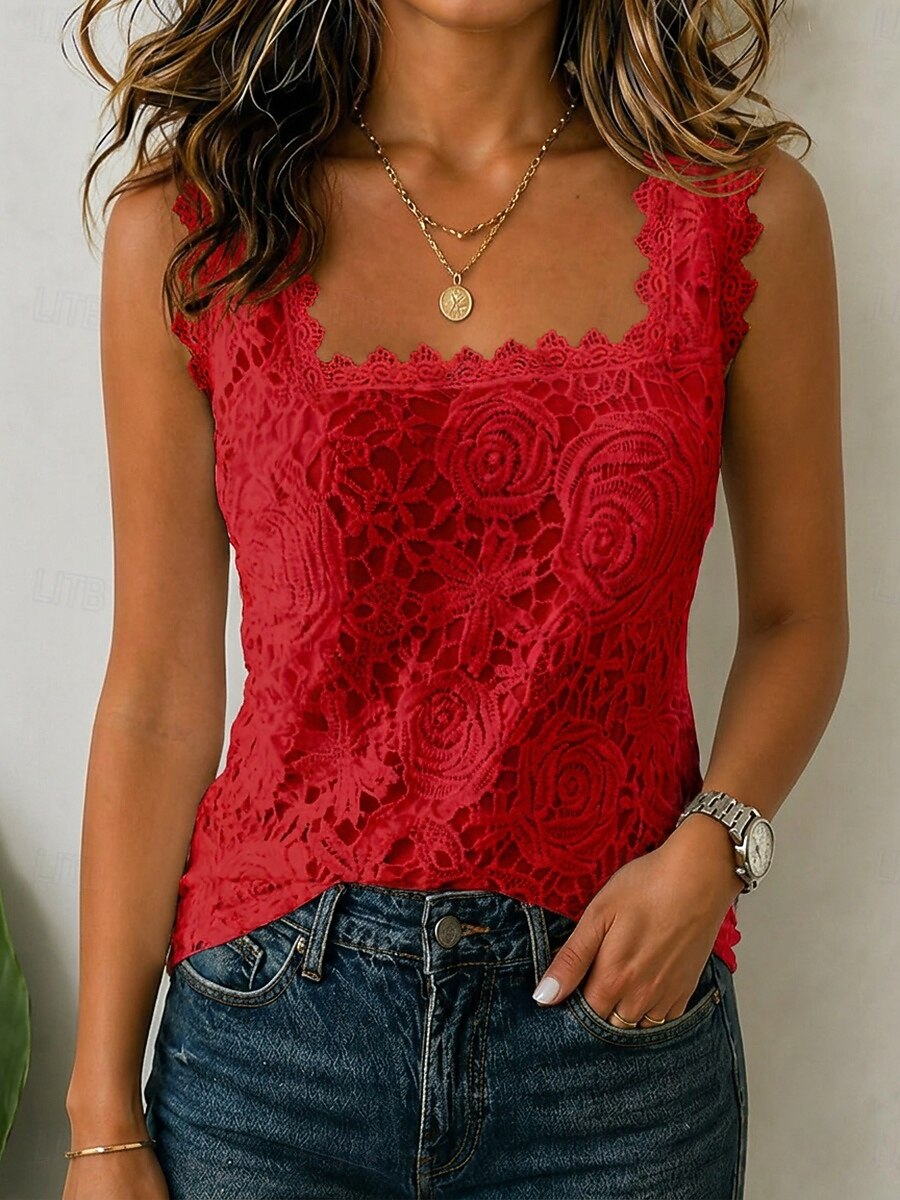 Women’s 3D Floral Rose Lace Scallop Trim Square Neck Sleeveless Casual Cami Tank Top