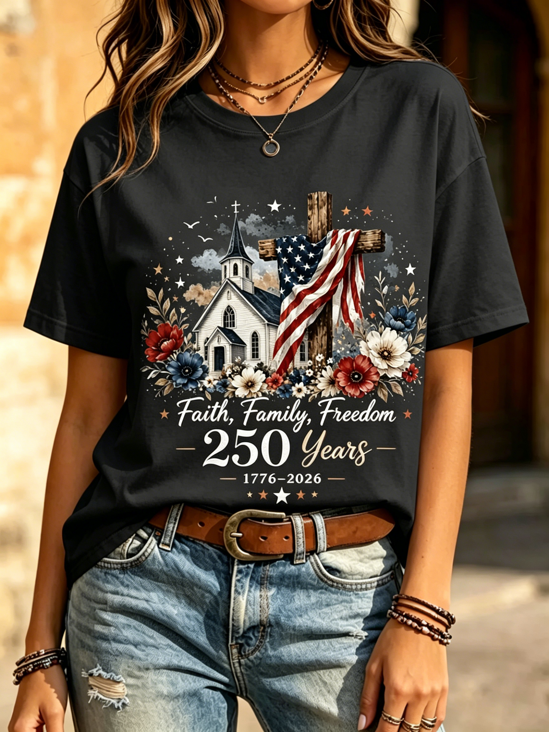 Vintage Faith Family Freedom 250th Anniversary Print Crew Neck T-Shirt for Women