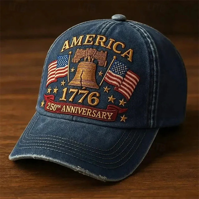 America 250th Anniversary 1776 Liberty Bell Embroidered Dad Hat – Distressed Vintage White Patriotic Baseball Cap