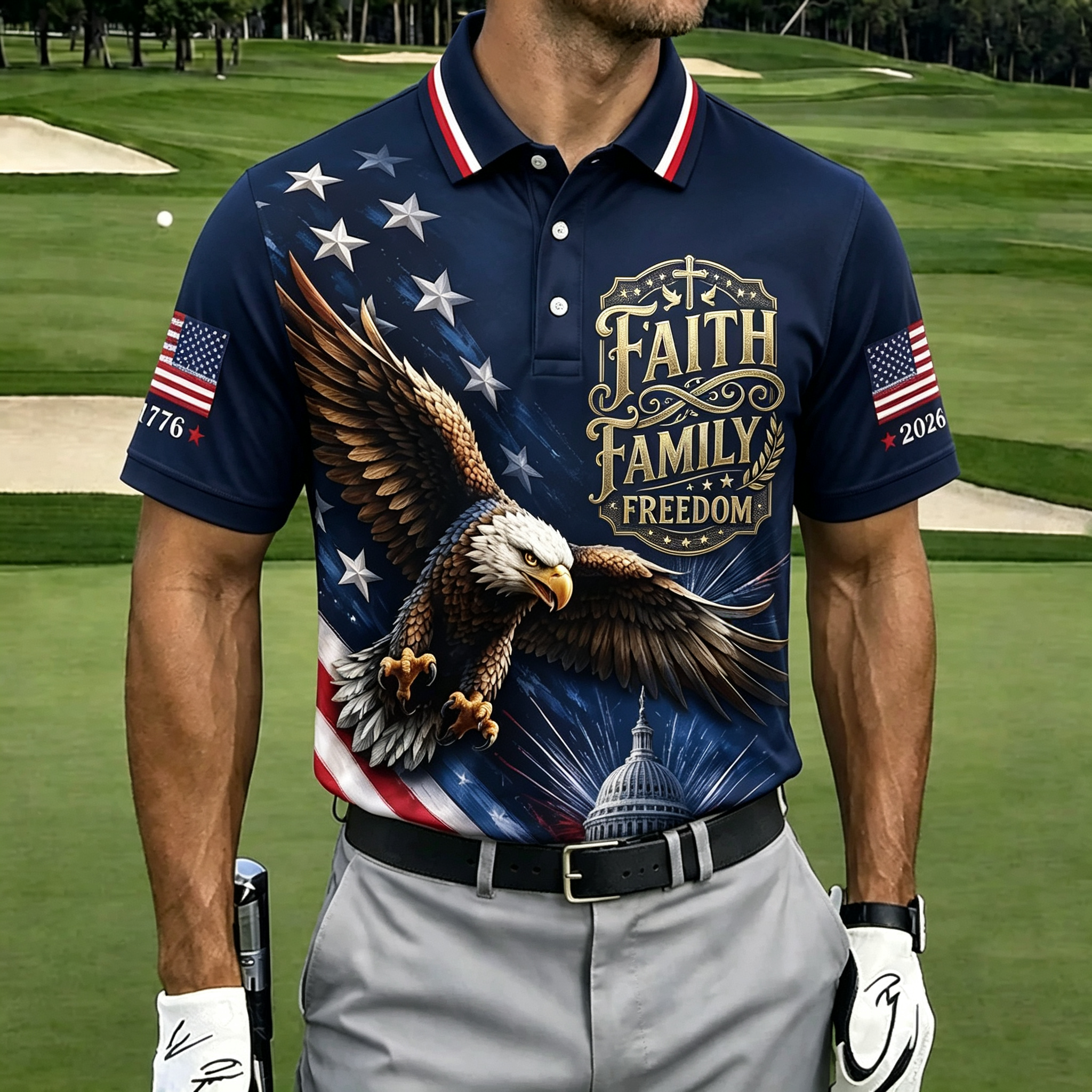 Faith Family Freedom Eagle Capitol Star Flag Men Golf Polo
