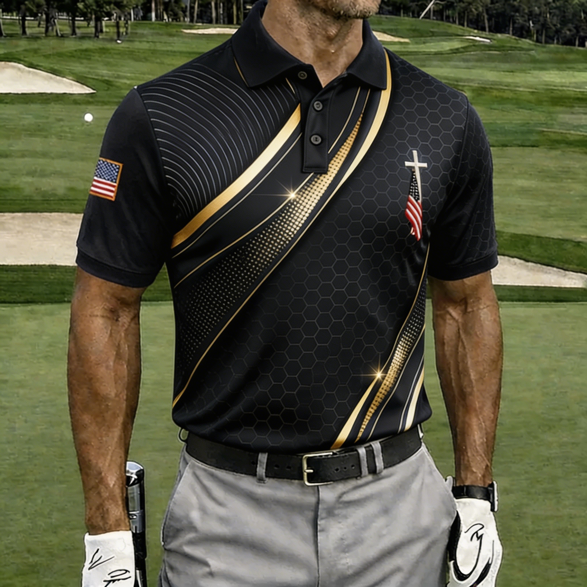 Premium Gold Line USA Cross Flag Golf Polo Shirt