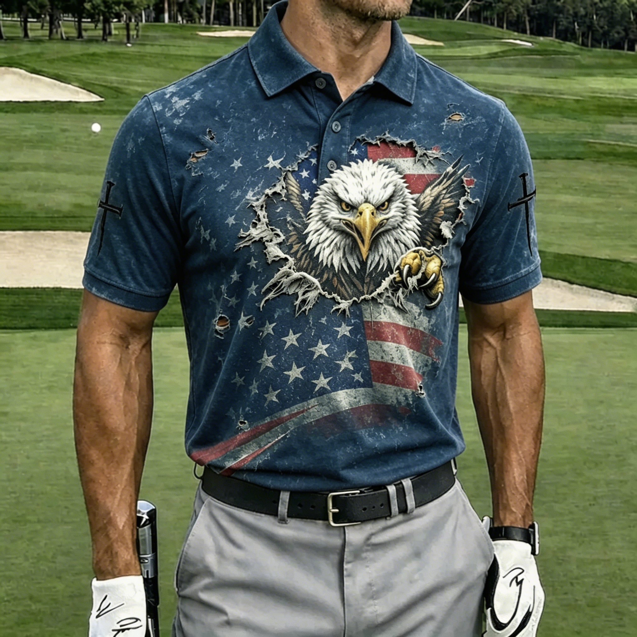 Vintage Distressed American Eagle USA Flag Golf Polo Shirt