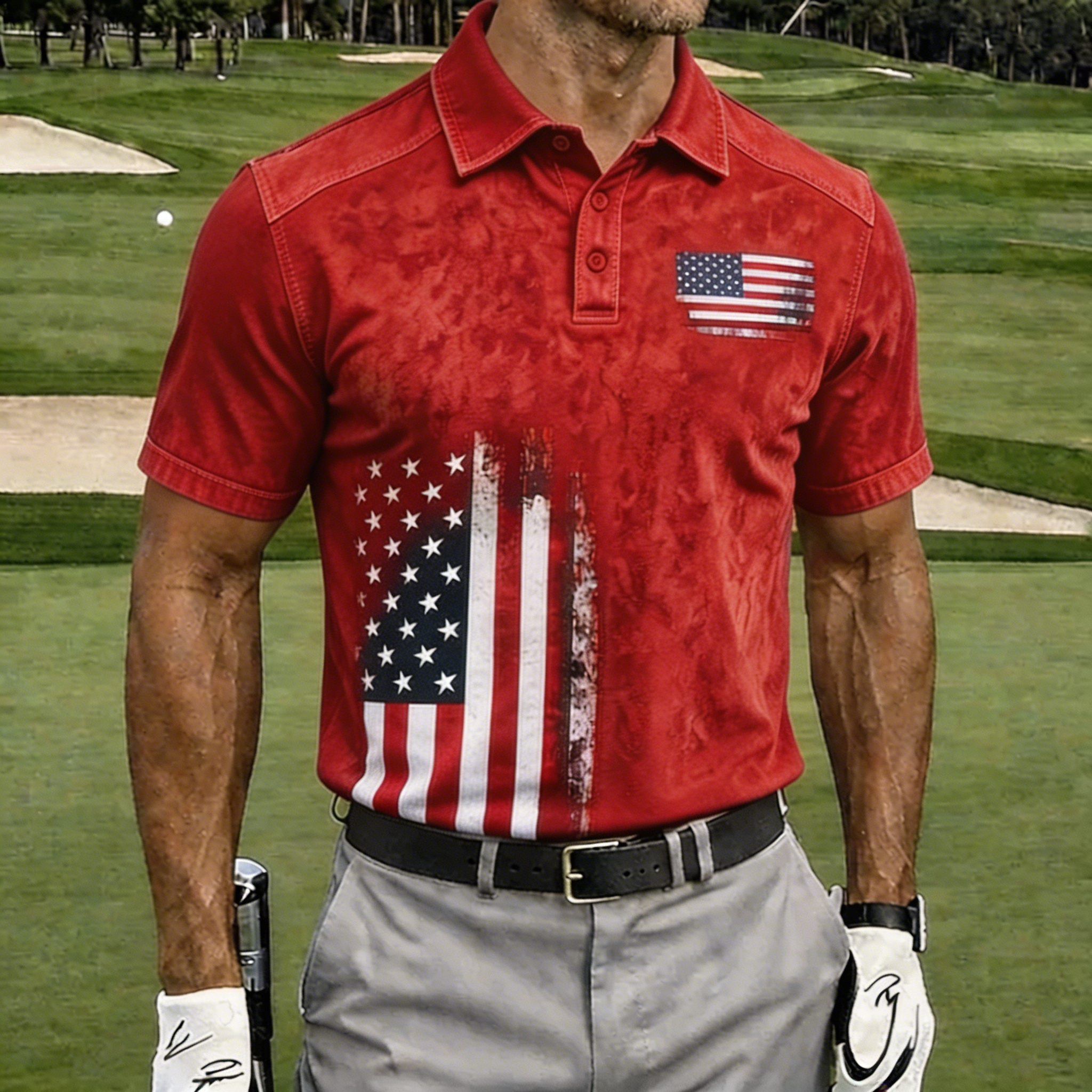 Vintage Washed USA Flag Denim Shoulder Golf Polo Shirt