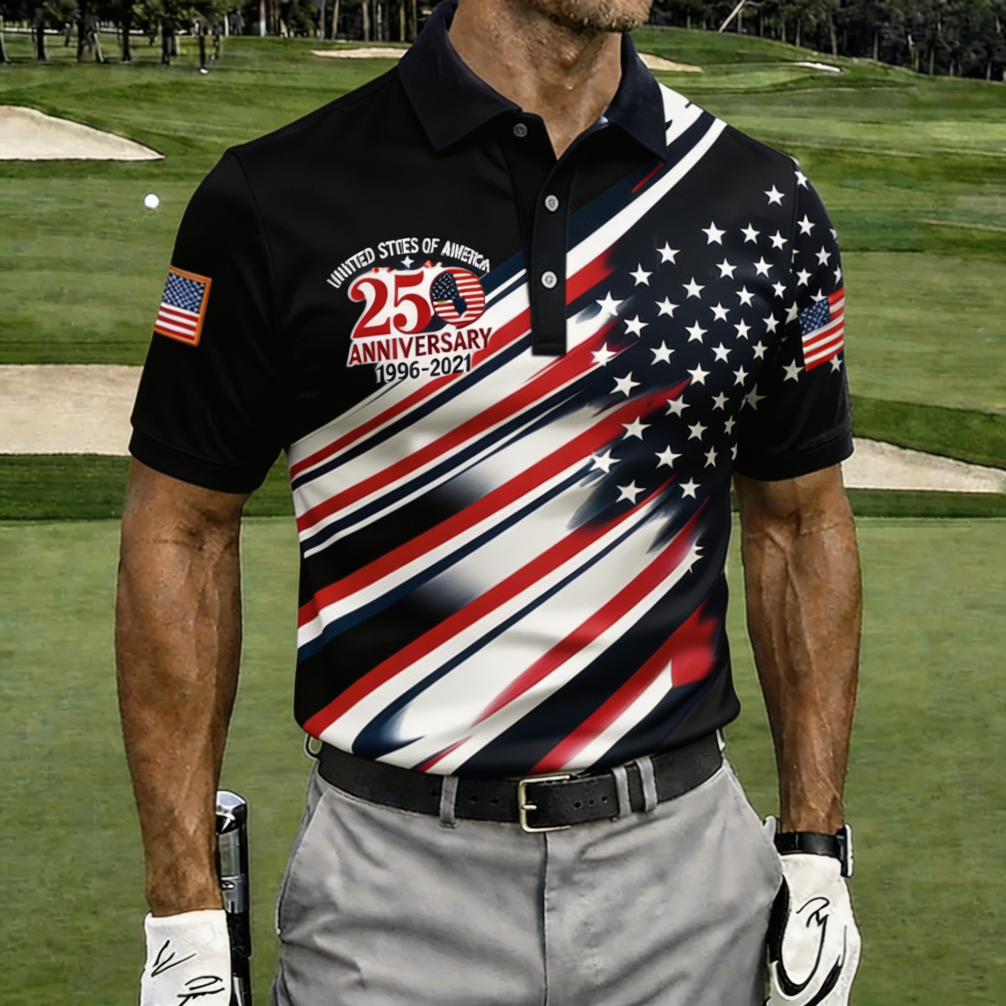 USA 250th Anniversary American Flag Golf Polo Shirt