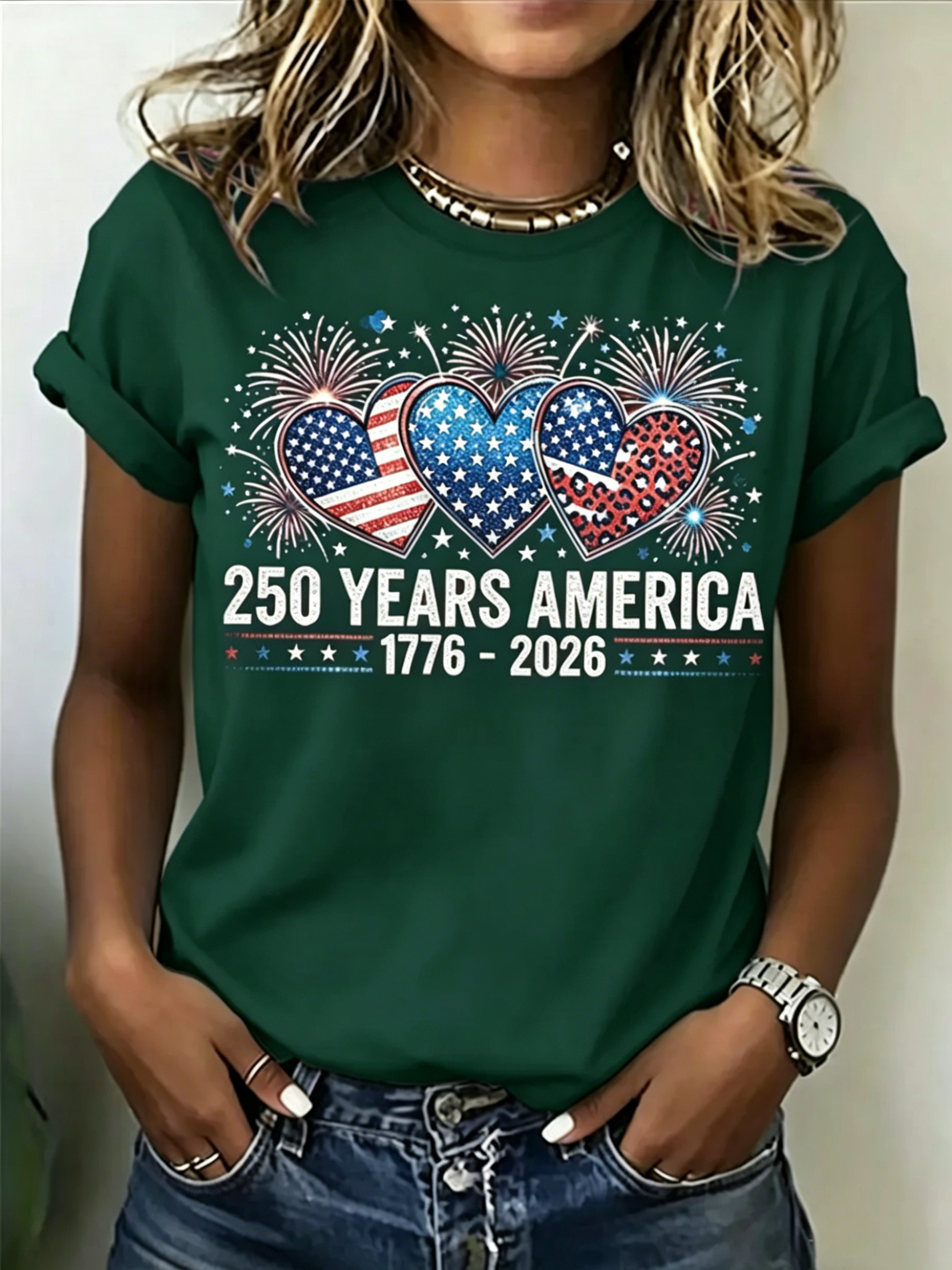 Women’s 250th Independence Day T-Shirt, Patriotic Heart & Fireworks Print Short Sleeve Tee