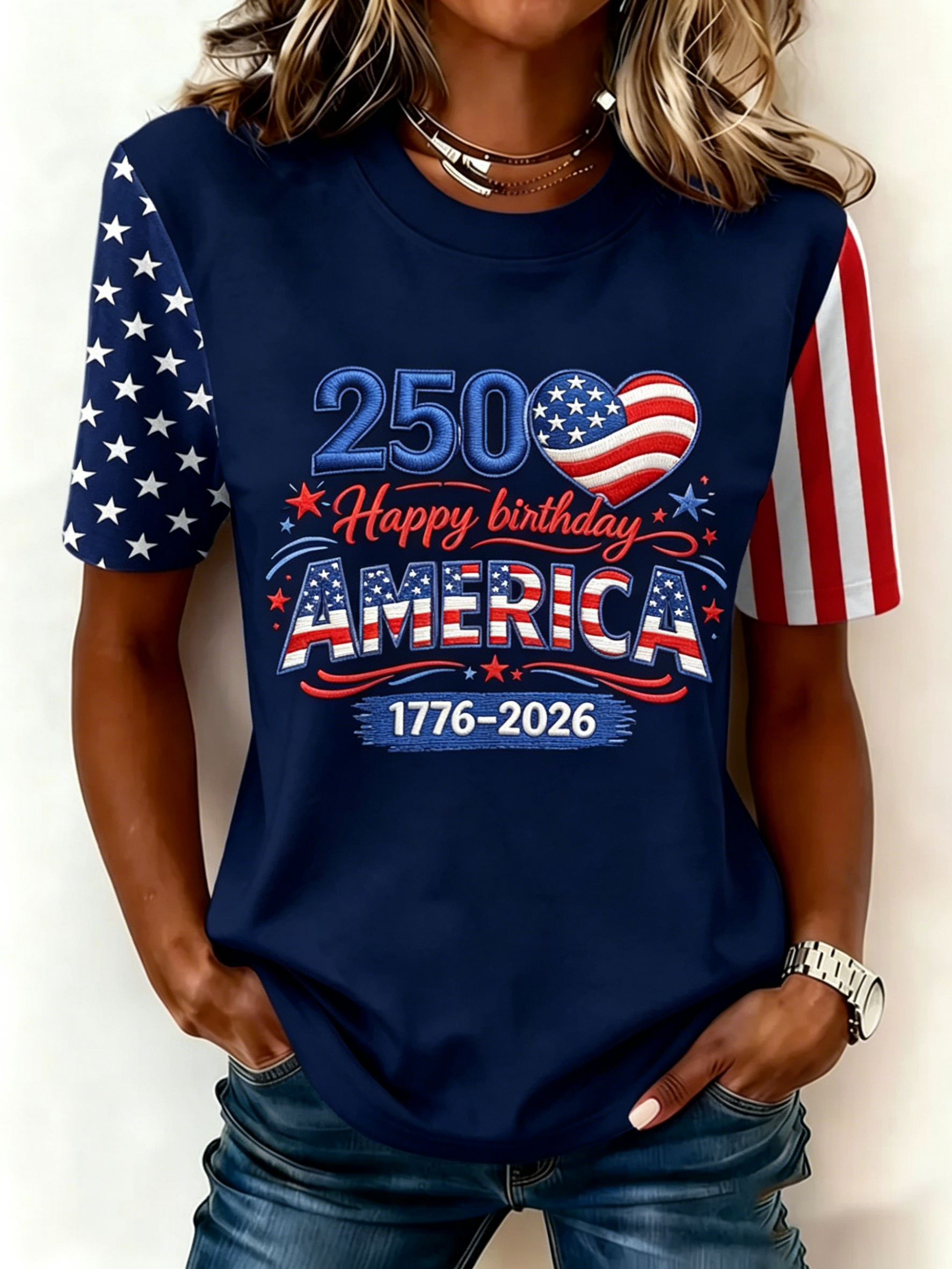 Women’s 250th Independence Day Flag Sleeve T-Shirt, Patriotic “Happy Birthday America” Print Tee