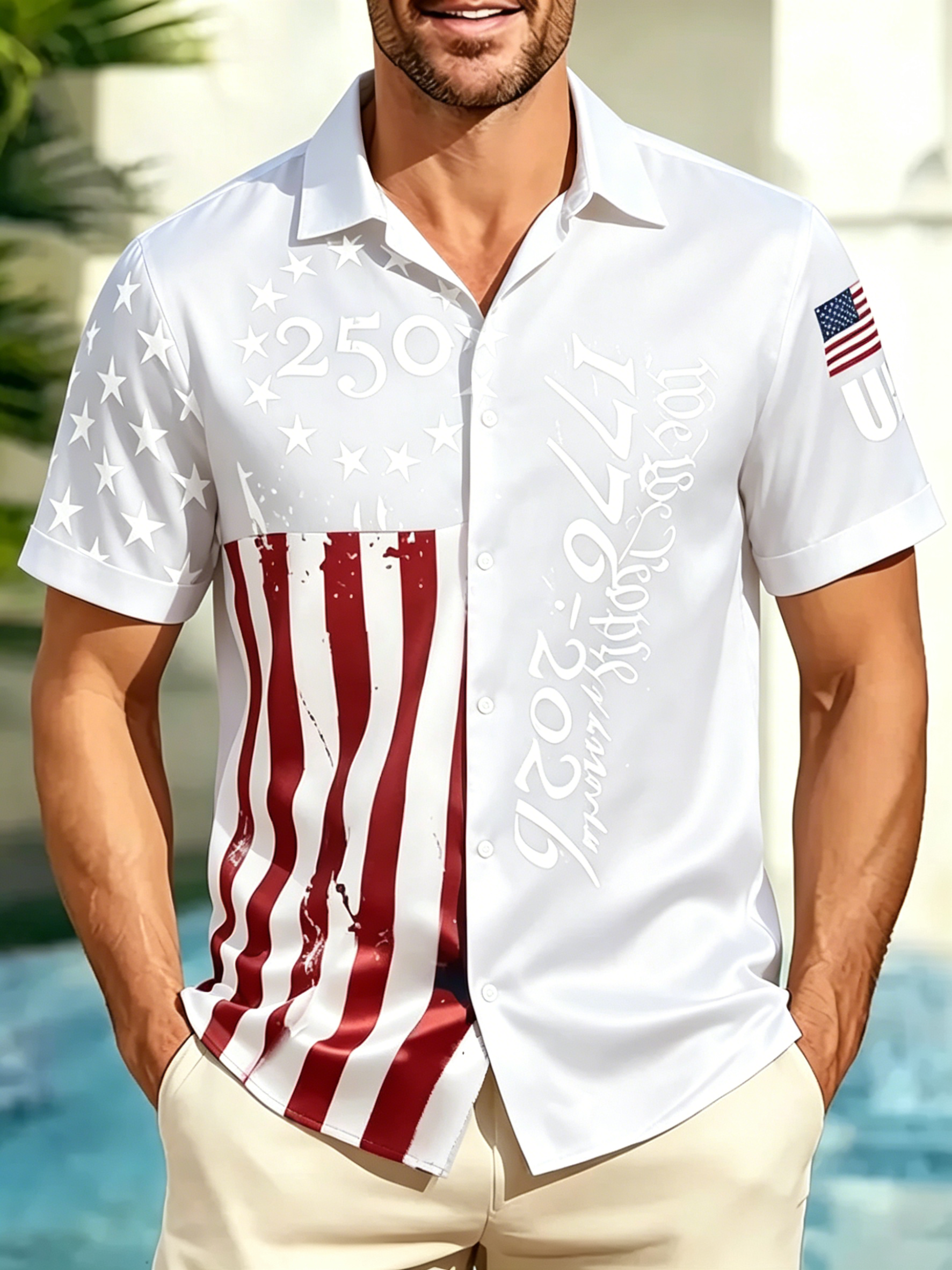 Men's American Flag 1776-2026 250th Anniversary Button Down Shirt, Patriotic We The People Print Short Sleeve Casual Hawaiian Shirt for Independence Day