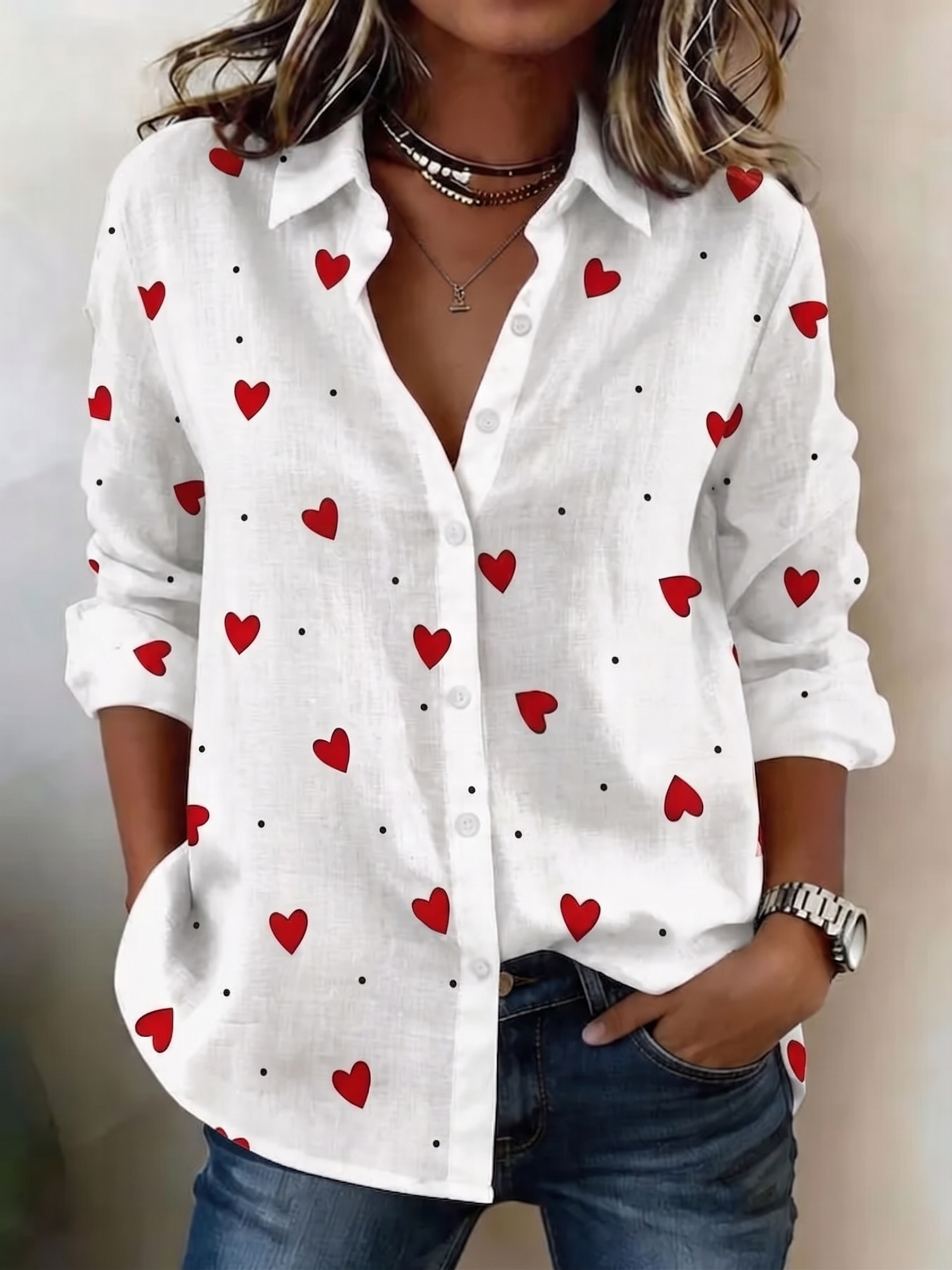 Star Print Collared Long Sleeve Button Front Textured Linen Shirt for Women