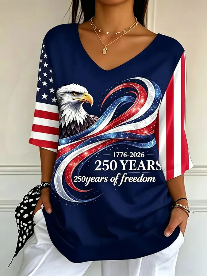 Patriotic Bald Eagle Heart Ribbon Print Loose Fit Women Holiday Tee