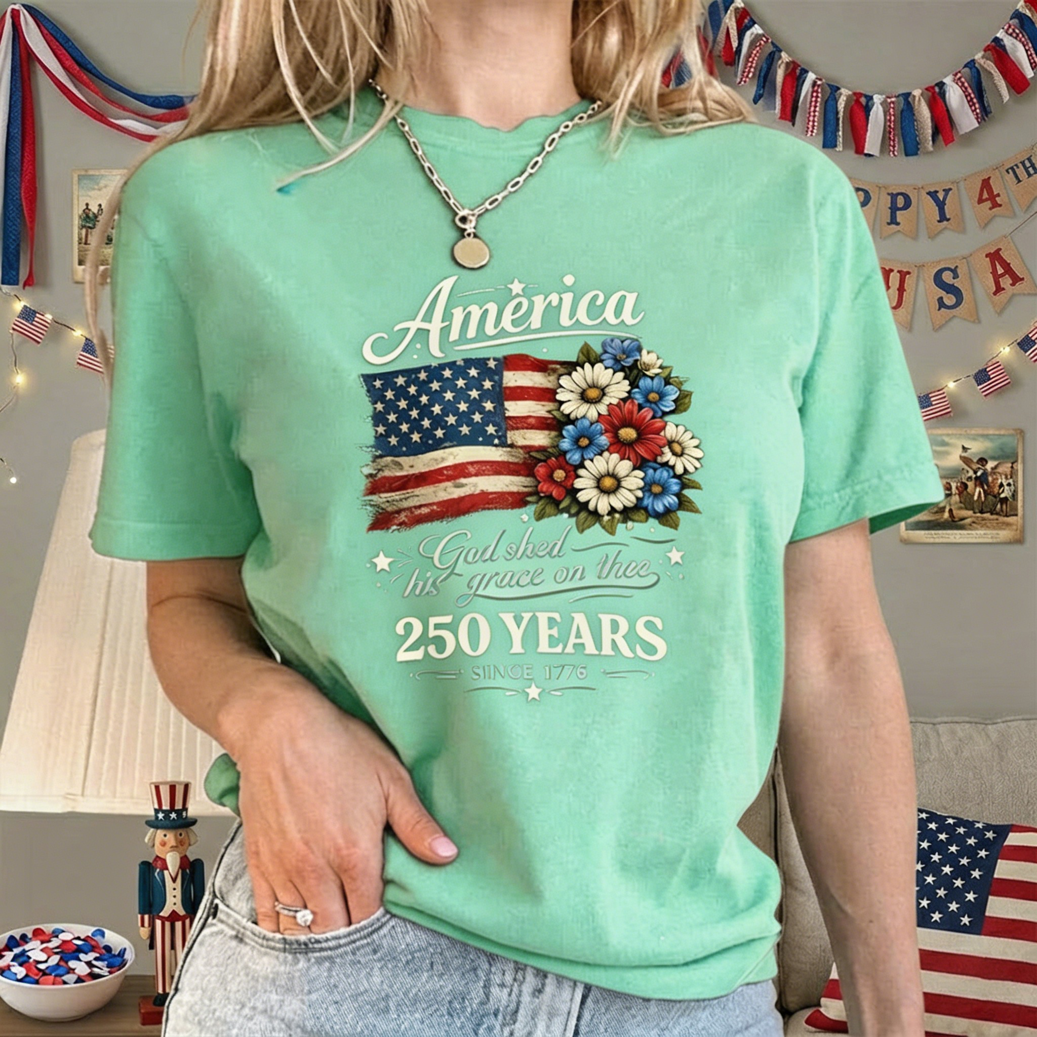 America 250 Years Floral Flag Graphic Tee – Vintage USA Flag with Flowers & "God Shed His Grace" Quote, Casual Black Short Sleeve Top