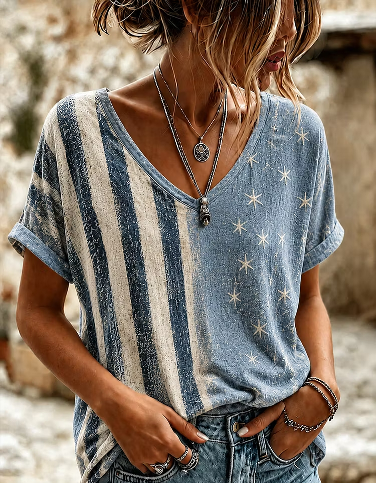 Retro Distressed Textured Patriotic Star Stripes Loose Fit Ladies Summer Top