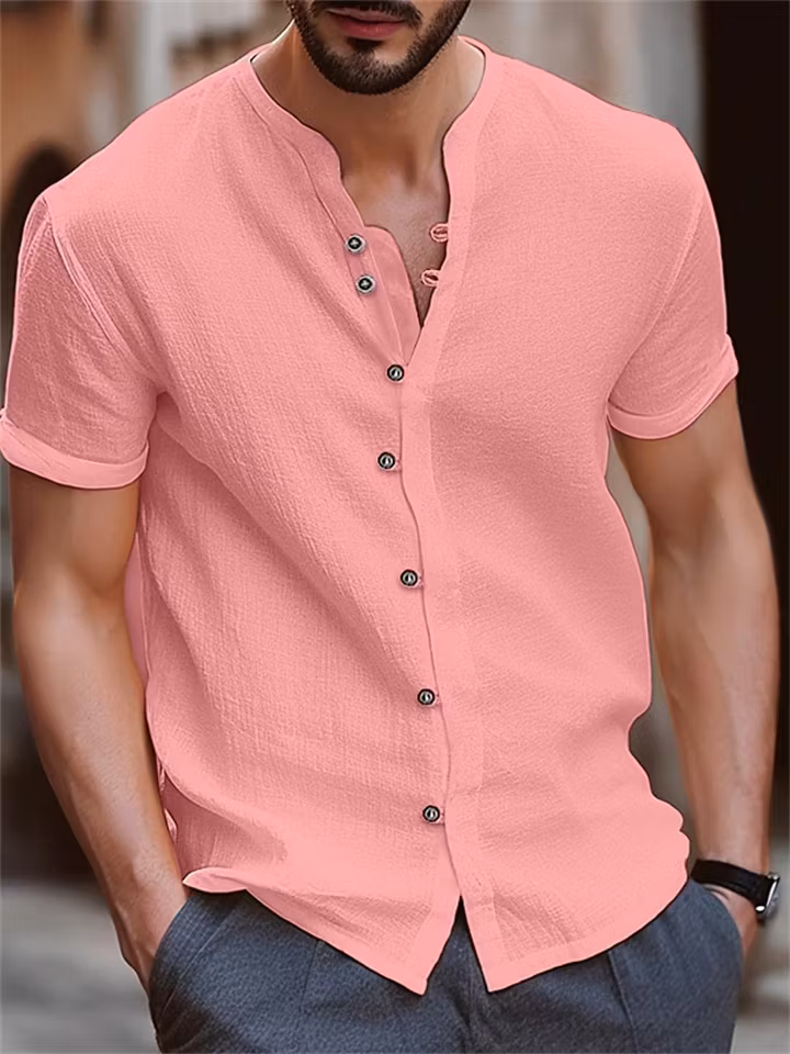 Mandarin Collar Loose Fit Breathable Short Sleeve Summer Shirt for Men