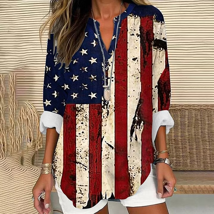 Women Vintage Distressed American Star Flag Print Henley Neck Roll Sleeve Loose Patriotic Tunic Blouse