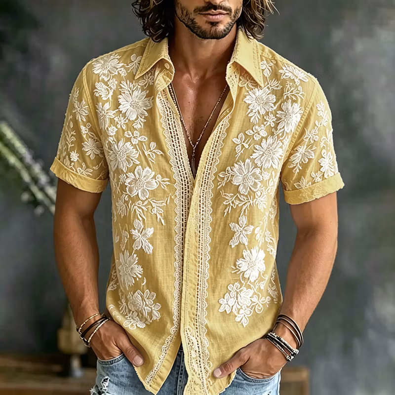 Boho Style Men Floral Embroidered Short Sleeve Casual Vacation Button Down Shirts