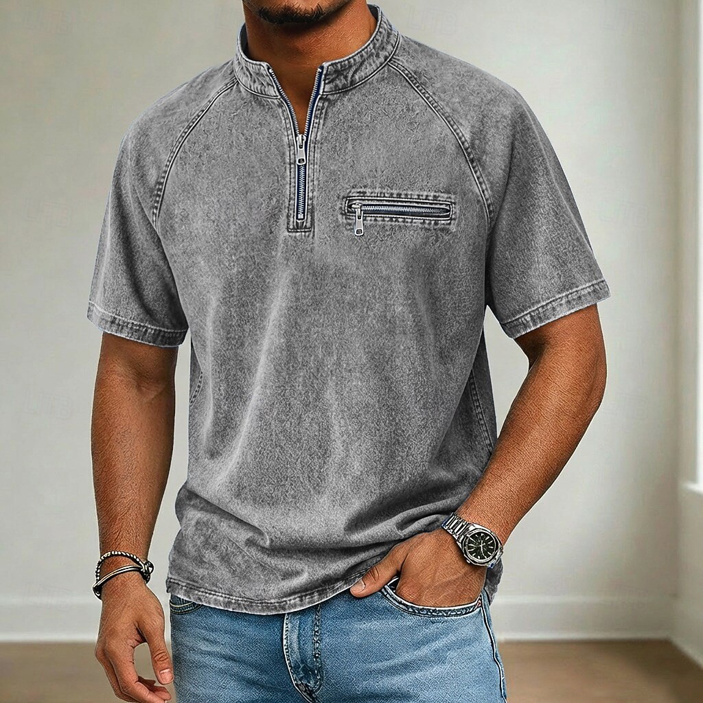 Men’s Vintage Washed Half Zip Stand Collar Raglan Sleeve Zipper Chest Pocket Casual Short Sleeve T-Shirt