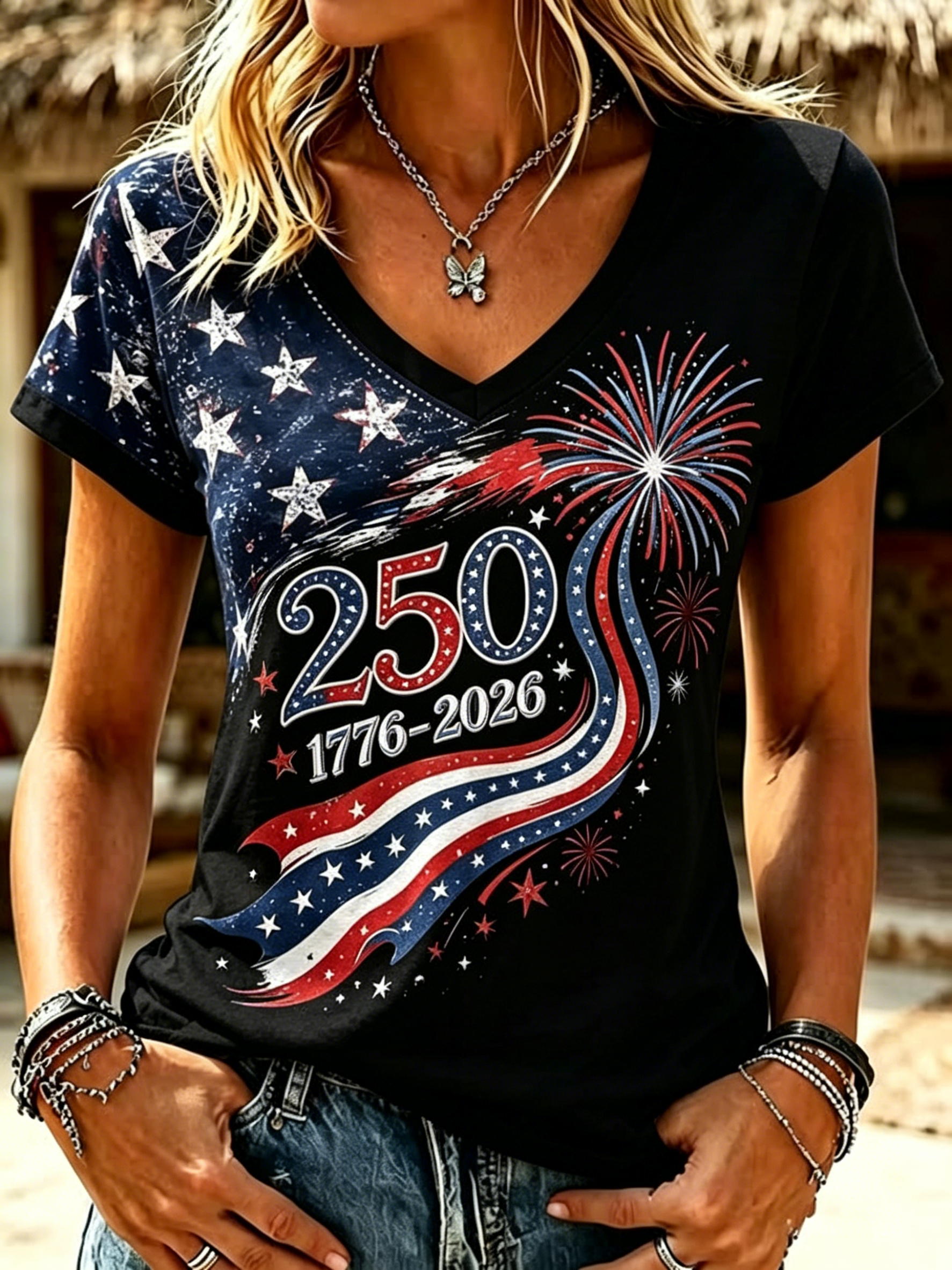 250th Anniversary Firework Star Stripe Patriotic Spliced V Neck Short Sleeve Casual T-Shirt for Women