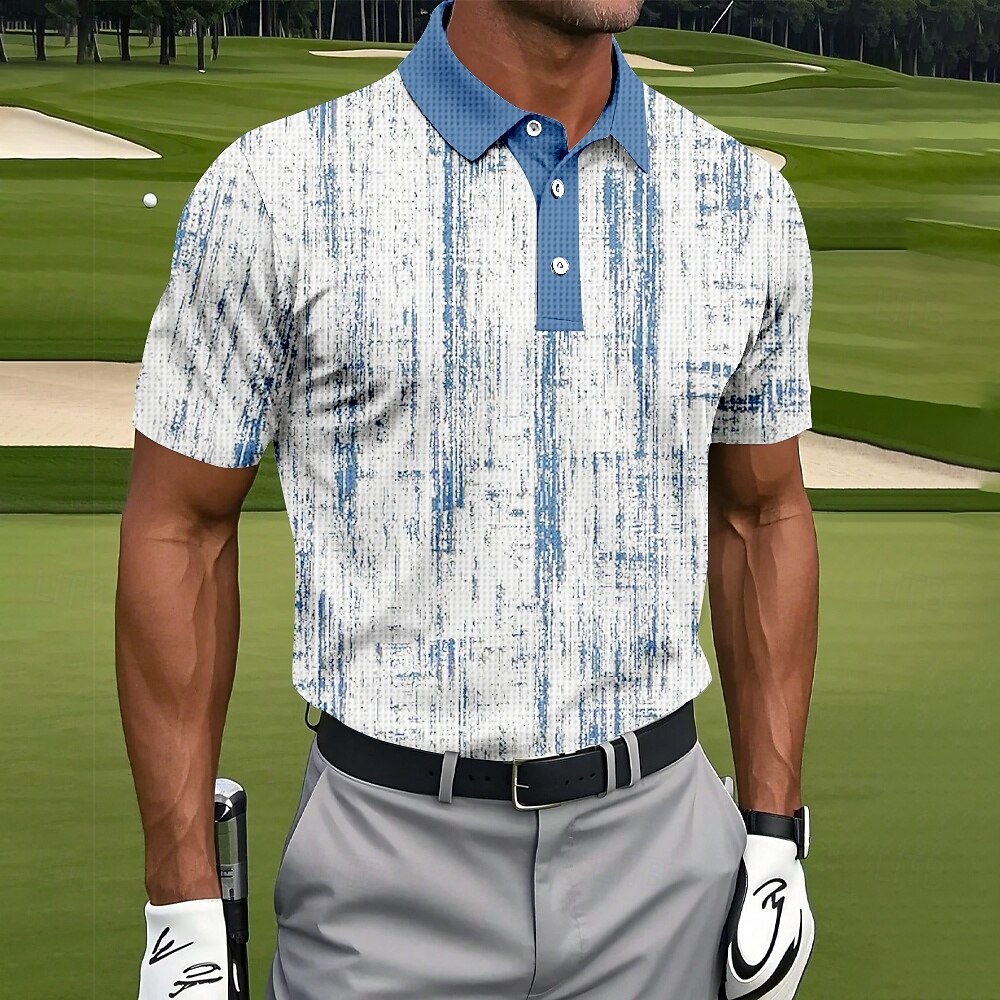 Distressed Vertical Texture Print Contrast Collar Golf Polo Shirt for Men