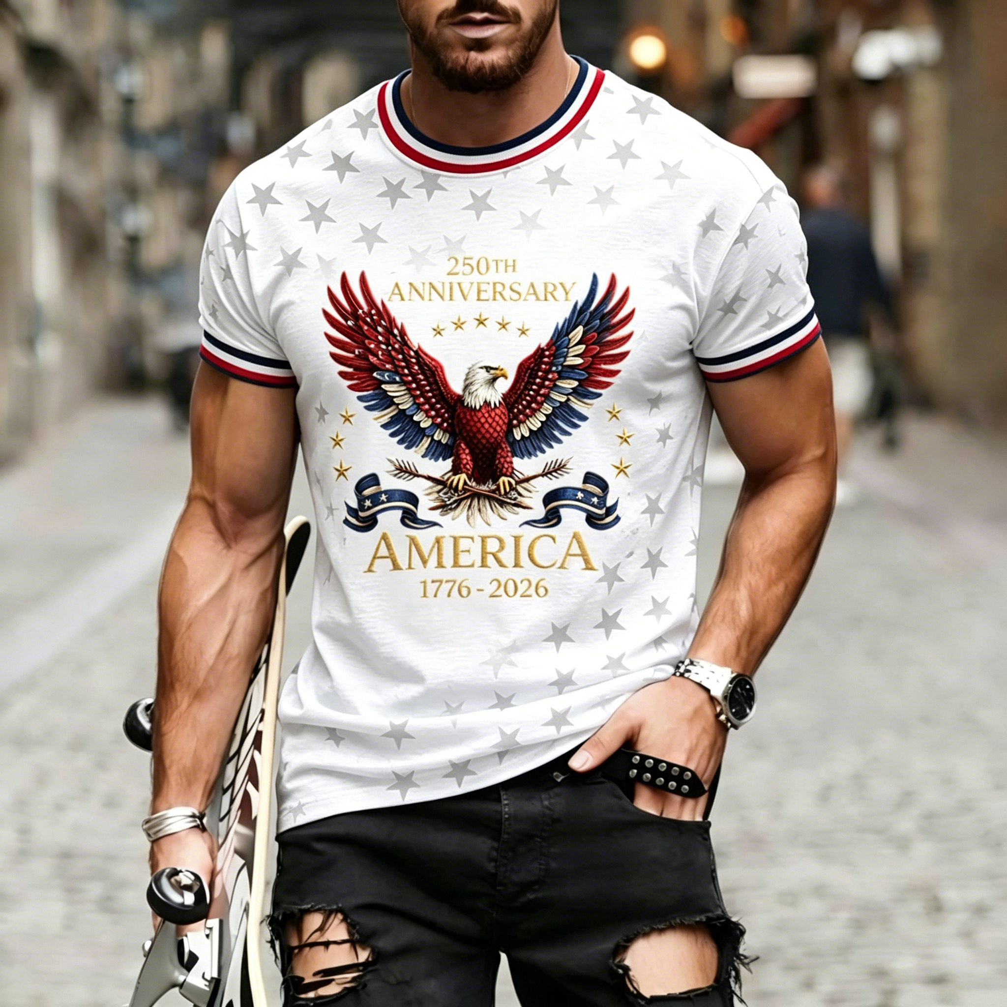 250th Patriotic Eagle Star Print Ringer Crew Neck T-Shirt for Men