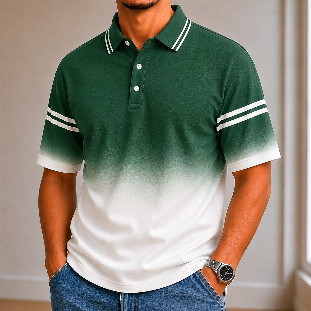 Geometric Square Line Print Contrast Collar Pocket Golf Polo Shirt for Men