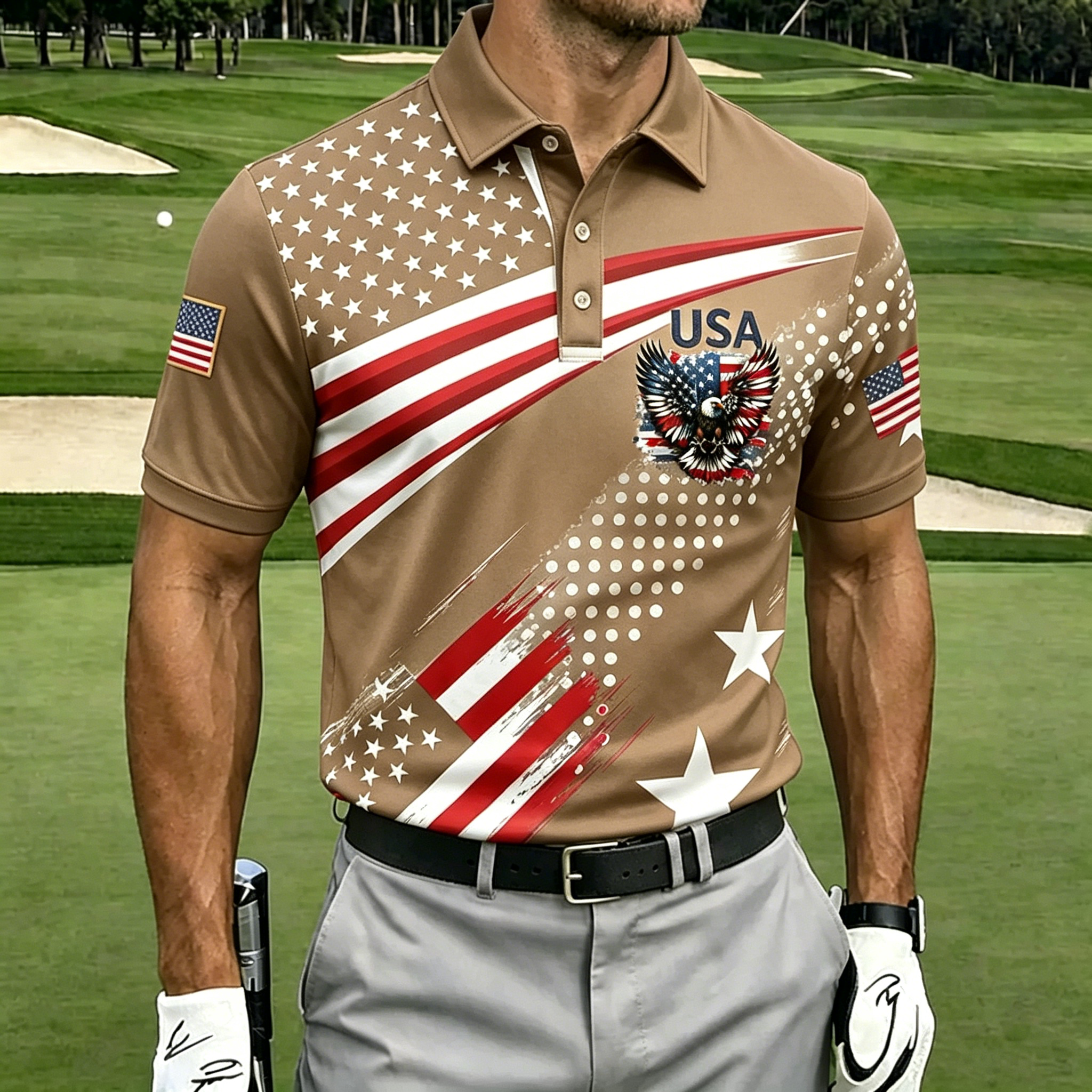 USA Eagle Star Stripe Dot Print Collared Golf Polo Shirt for Men