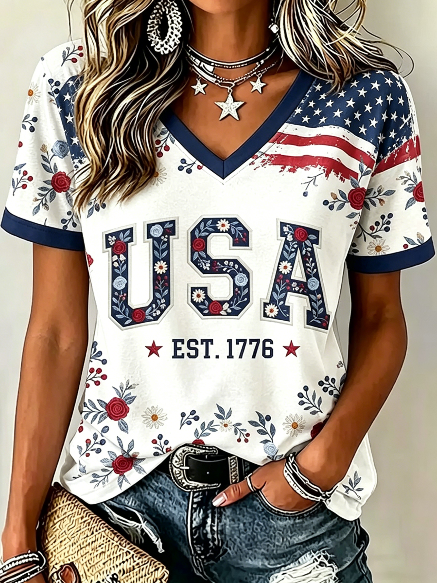 Floral USA 1776 Star Stripe Raglan V Neck Patriotic T-Shirt for Women