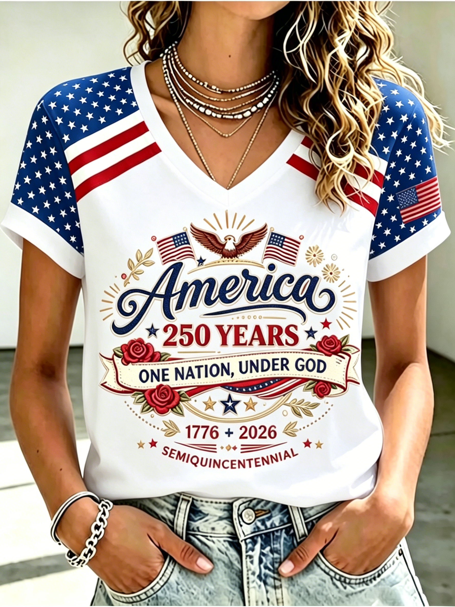 250th Eagle Floral Faith Slogan Raglan V Neck Patriotic T-Shirt for Women