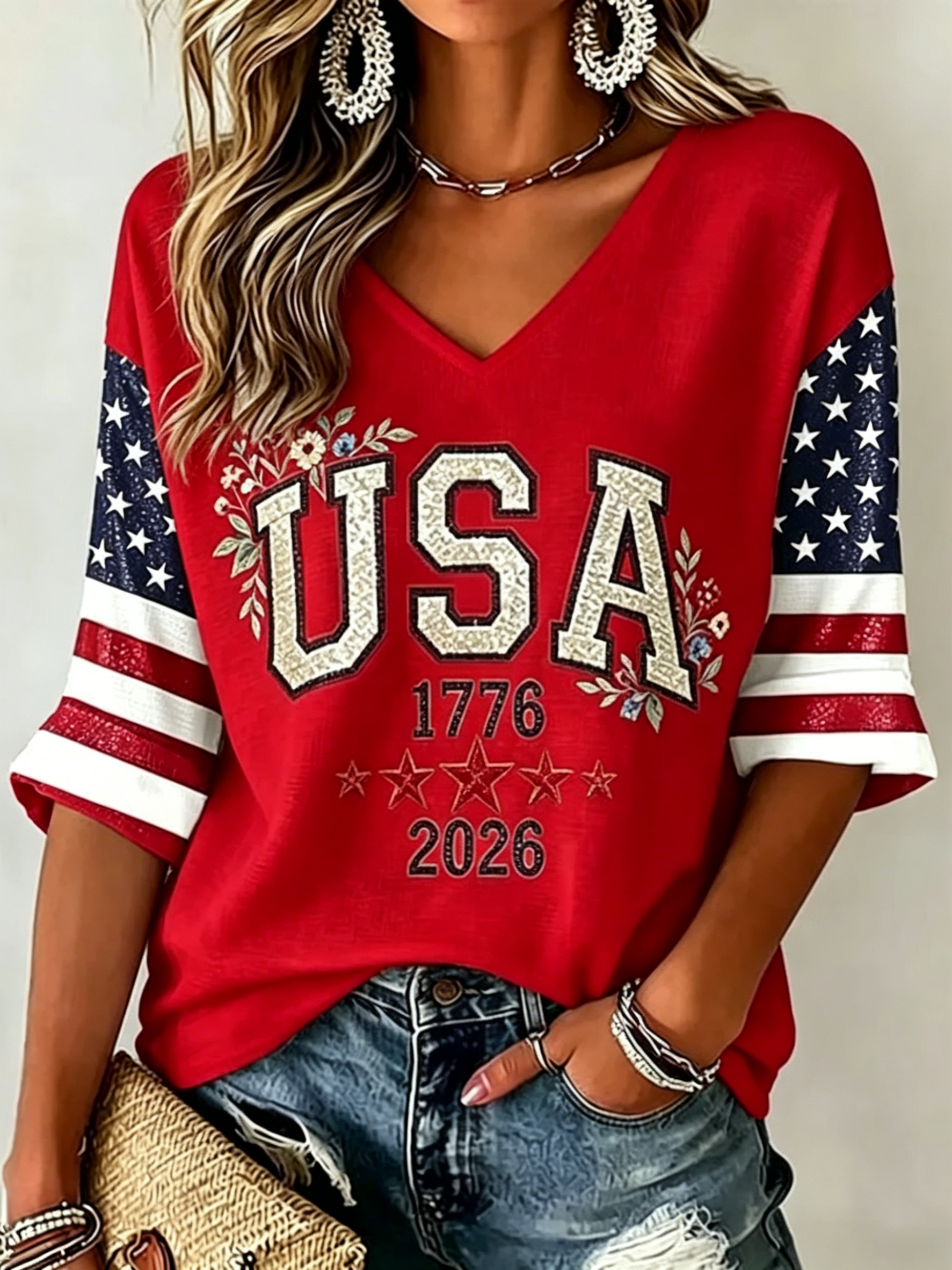 Glitter USA Floral Star Flag Raglan 3/4 Sleeve V Neck Patriotic T-Shirt for Women