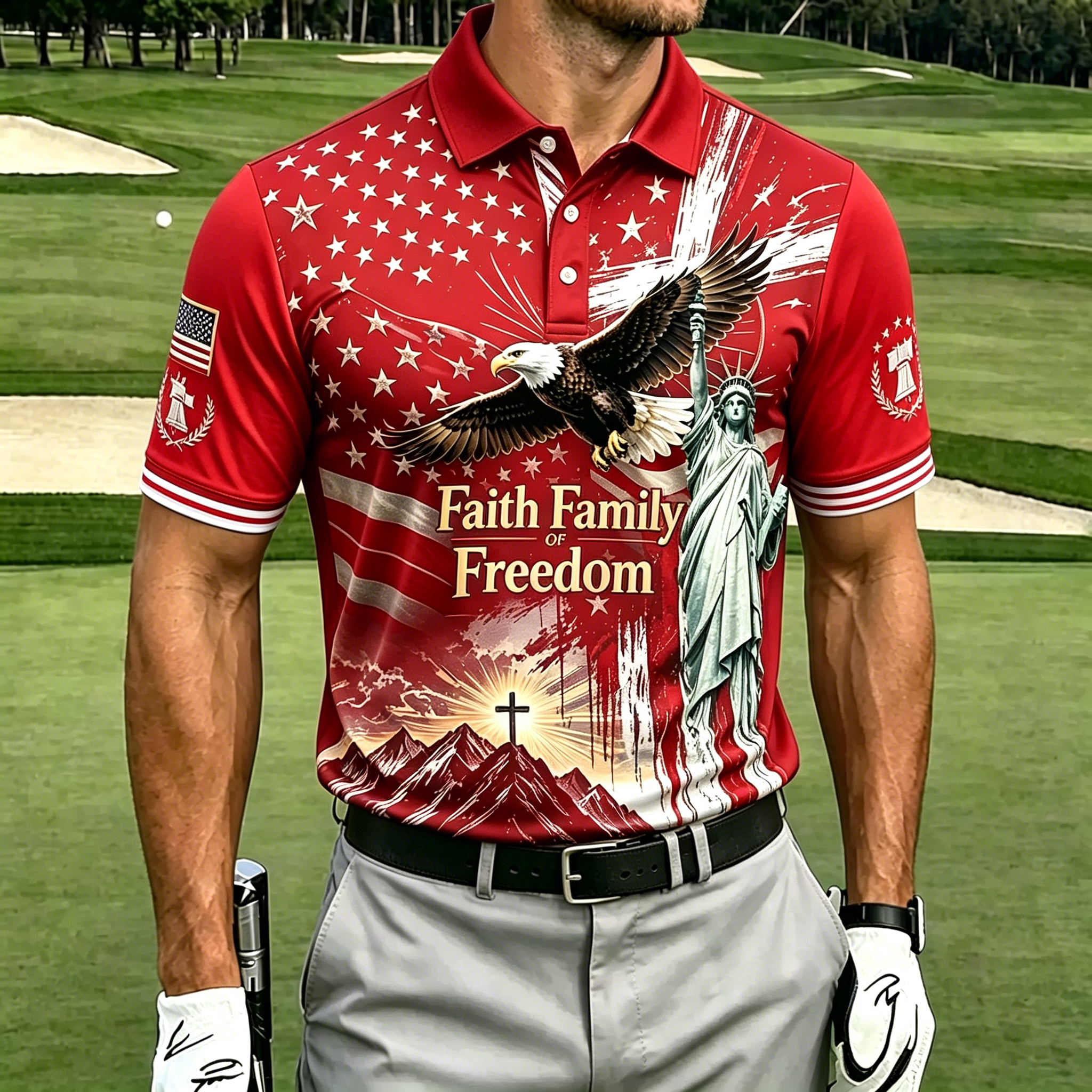 Faith Family Freedom Eagle Statue Liberty Flag Cross Print Contrast Collar Golf Polo Shirt for Men