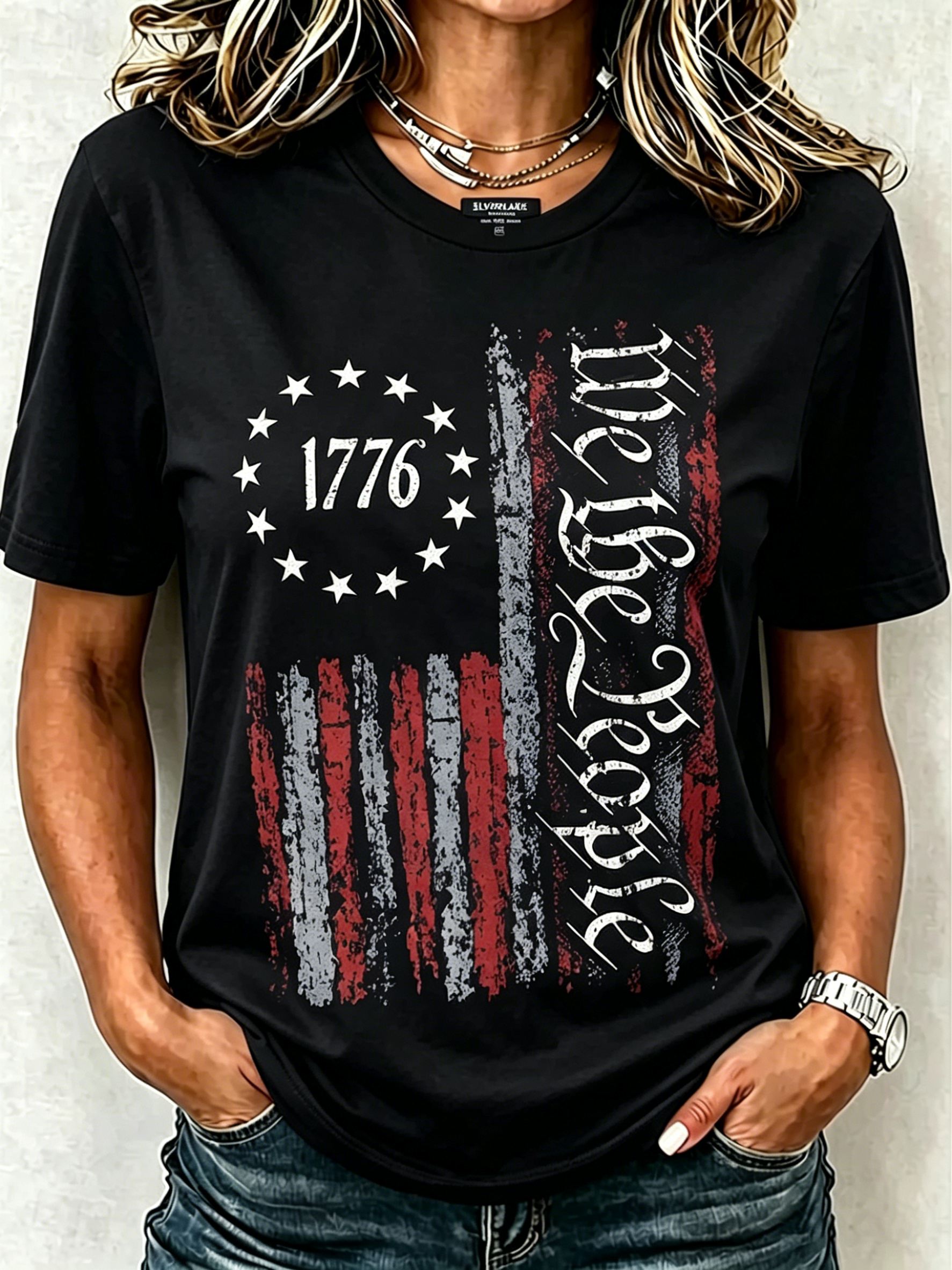 We The People Betsy Ross Flag 1776 Patriotic Print Oversized Women Crew Neck Short Sleeve Tee