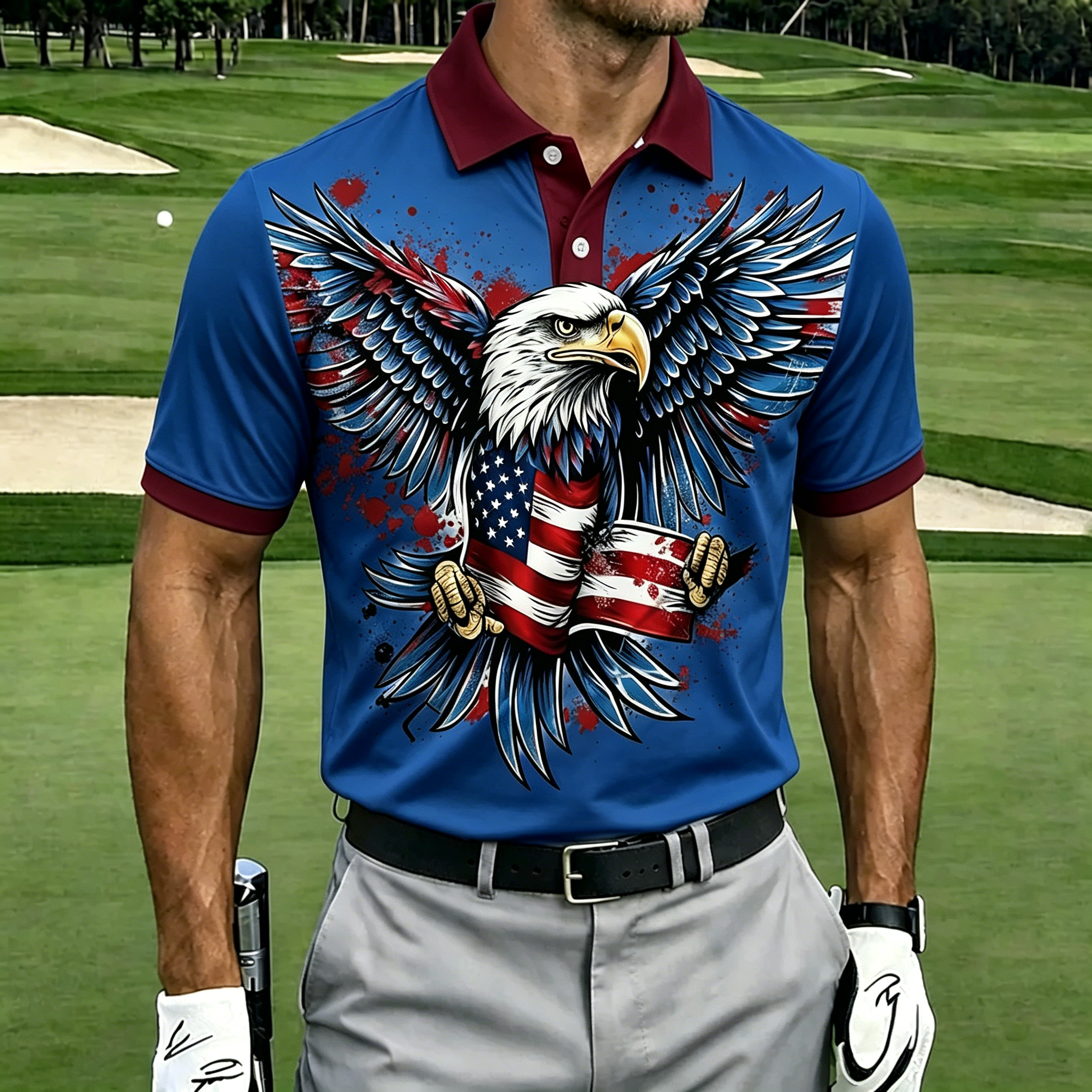 Patriotic Bald Eagle with American Flag Print Men Short Sleeve Golf Polo Shirt