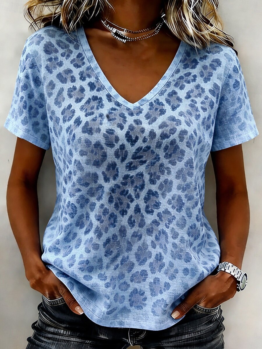 Leopard Print V Neck Short Sleeve T-Shirt for Women