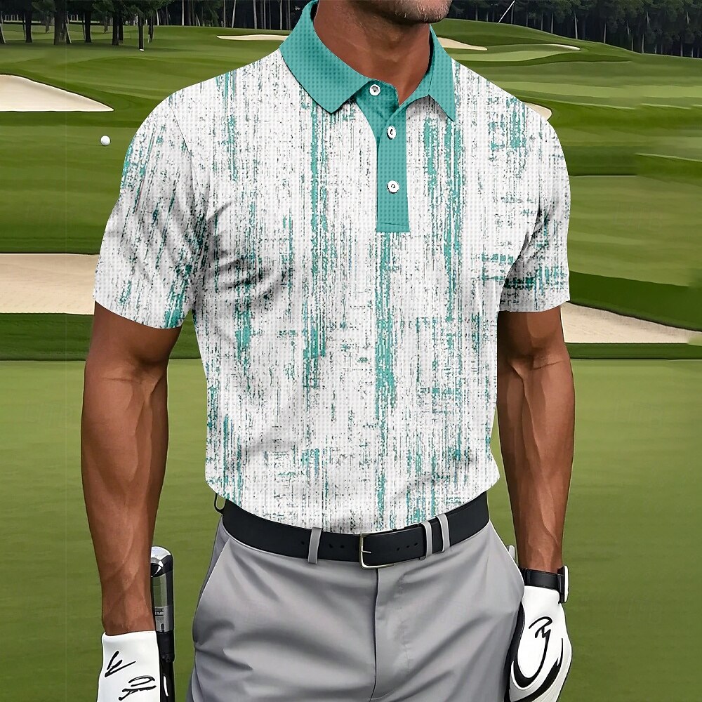 Distressed Vertical Texture Print Contrast Collar Golf Polo Shirt for Men