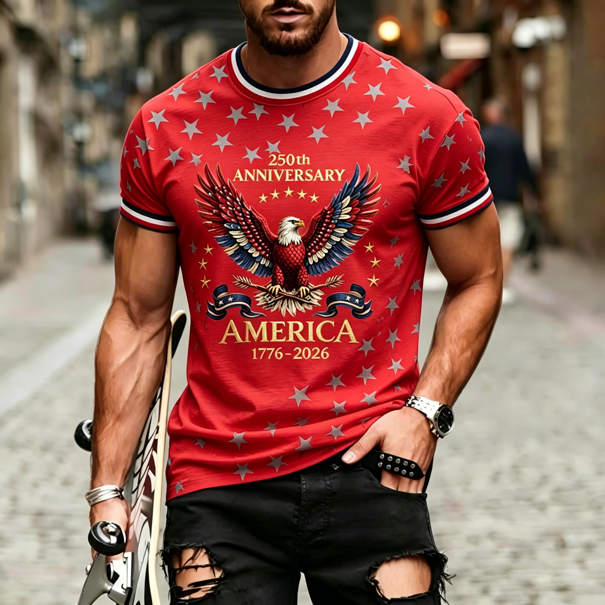 250th Patriotic Eagle Star Print Ringer Crew Neck T-Shirt for Men