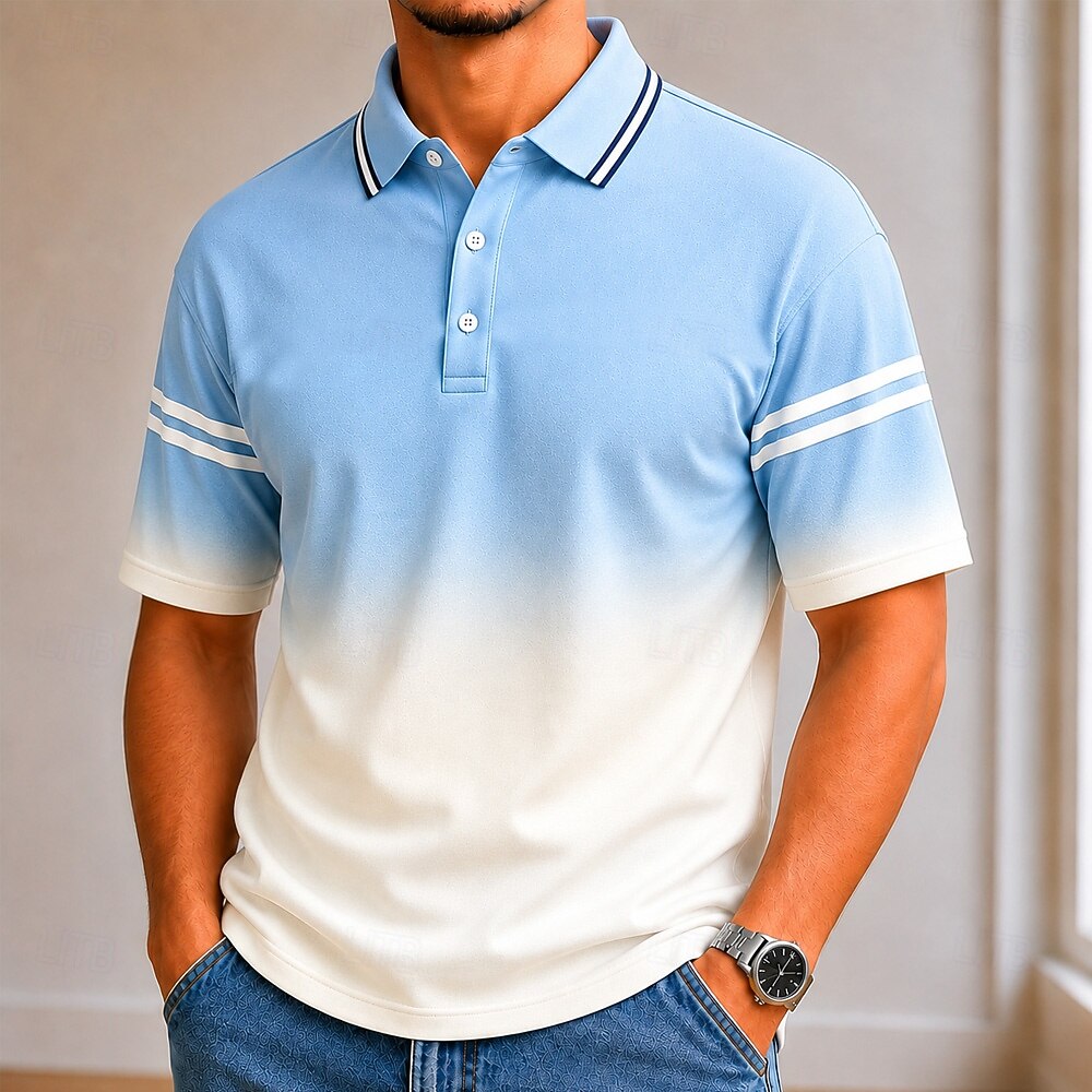 Geometric Square Line Print Contrast Collar Pocket Golf Polo Shirt for Men