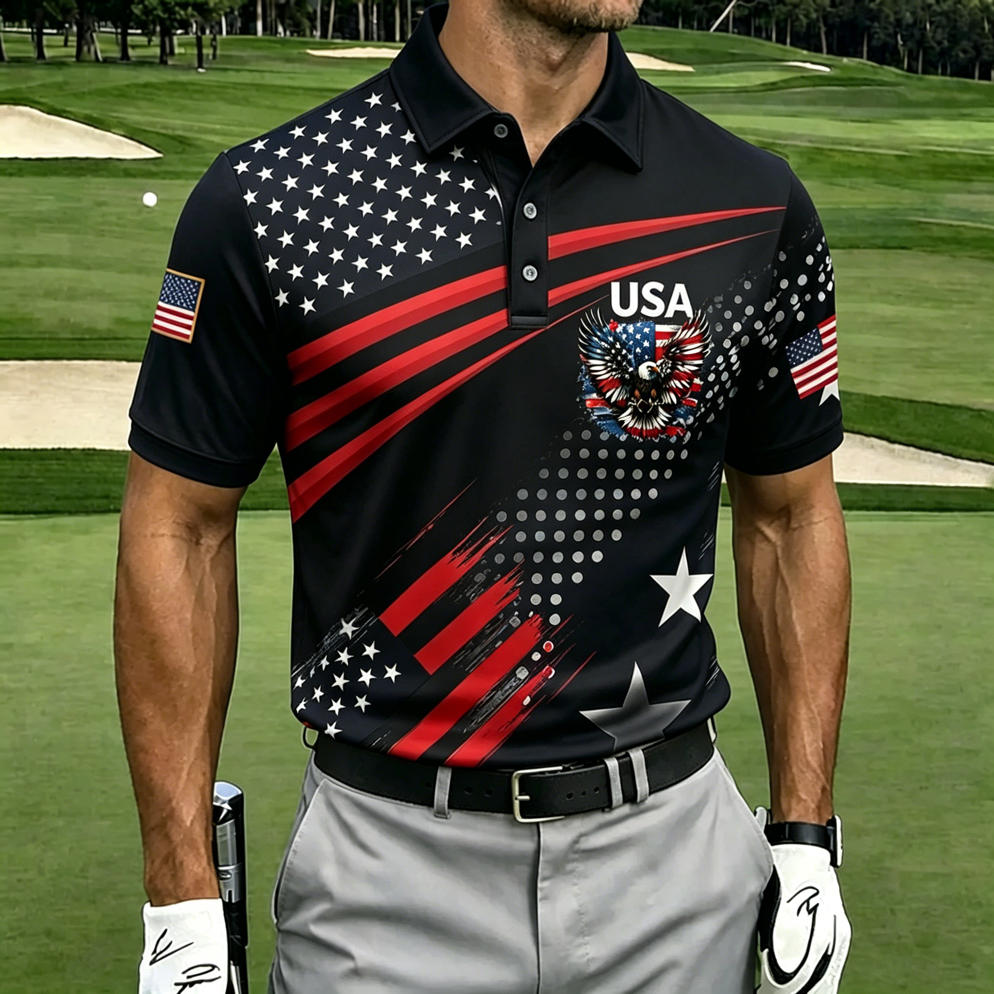 USA Eagle Star Stripe Dot Print Collared Golf Polo Shirt for Men