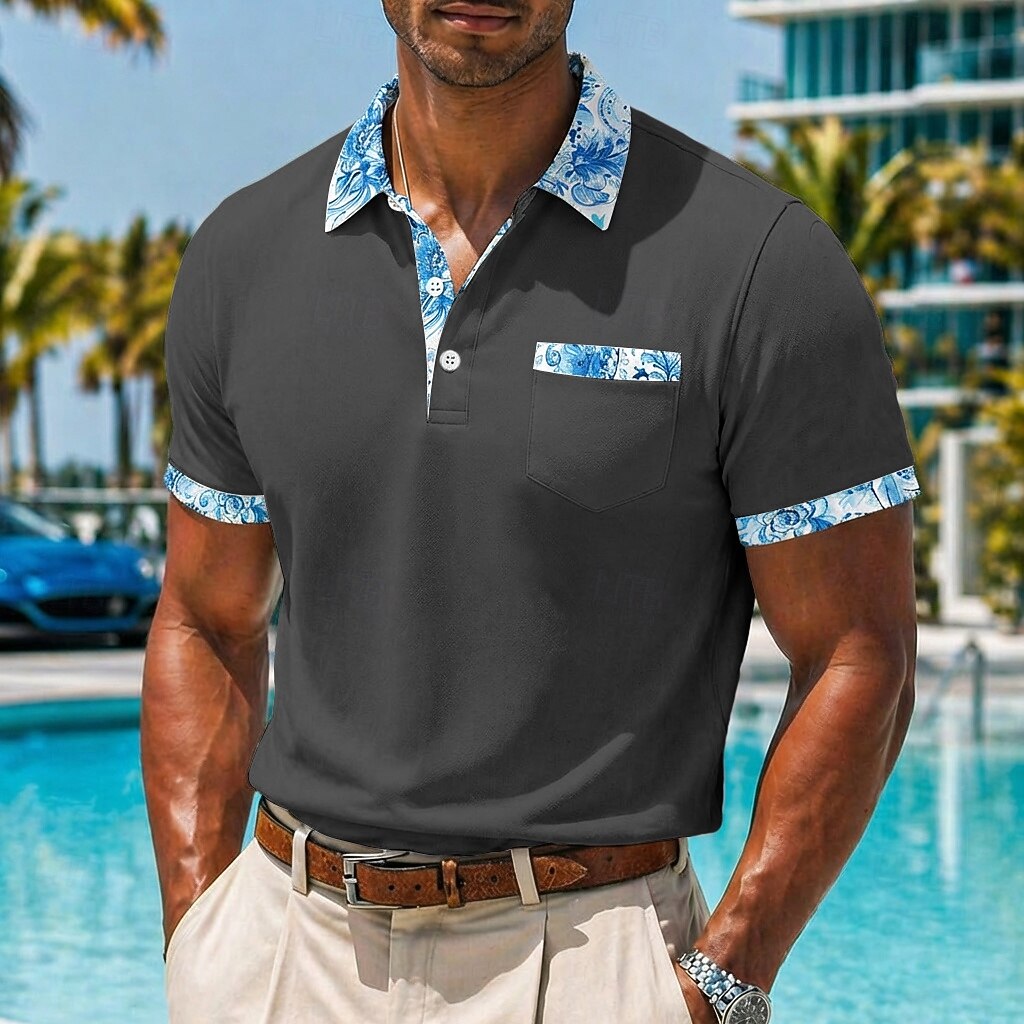 Floral Contrast Collar Pocket Solid Short Sleeve Polo Shirt for Men