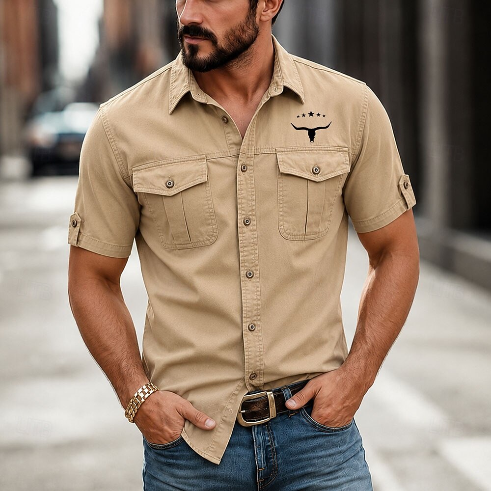 Western Longhorn Star Print Dual Pocket Roll Sleeve Lapel Shirt for Men