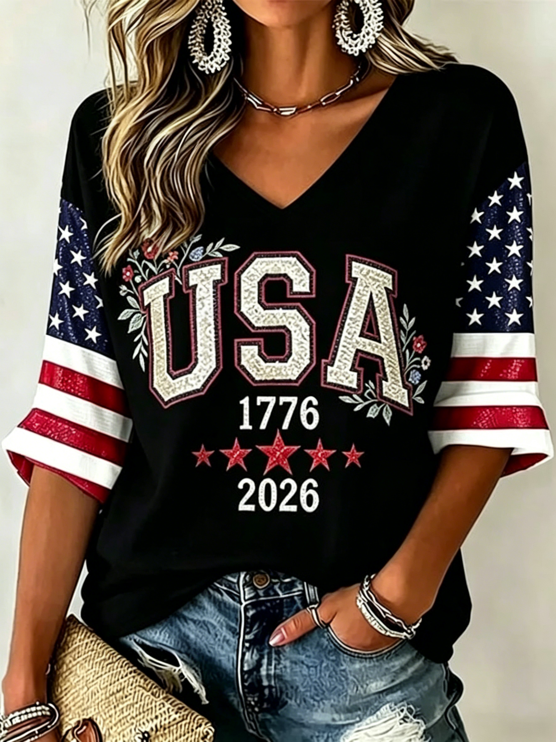 Glitter USA Floral Star Flag Raglan 3/4 Sleeve V Neck Patriotic T-Shirt for Women