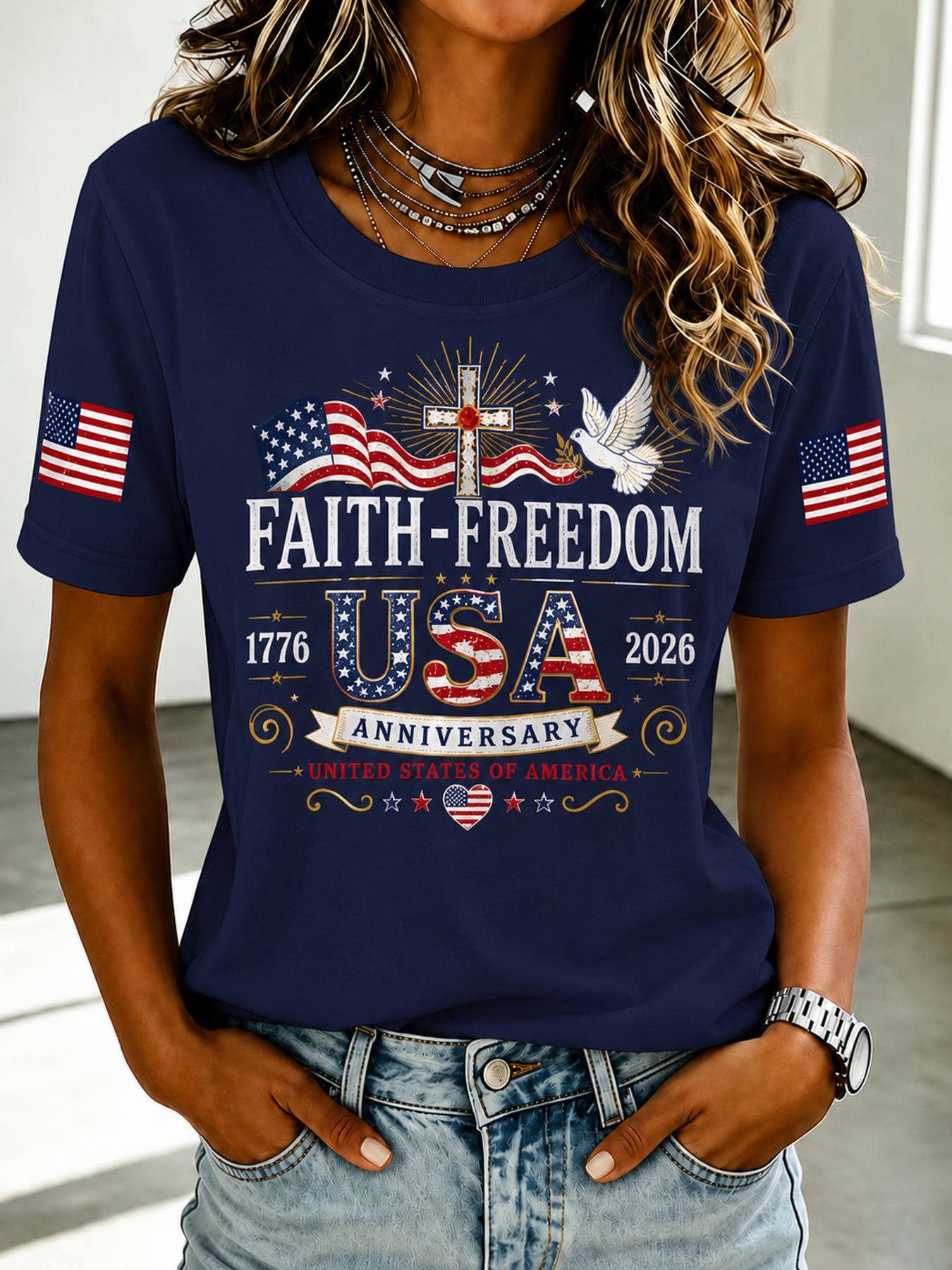 Faith Freedom Cross Dove Dual Flag Sleeve Patriotic Crew Neck T-Shirt for Women