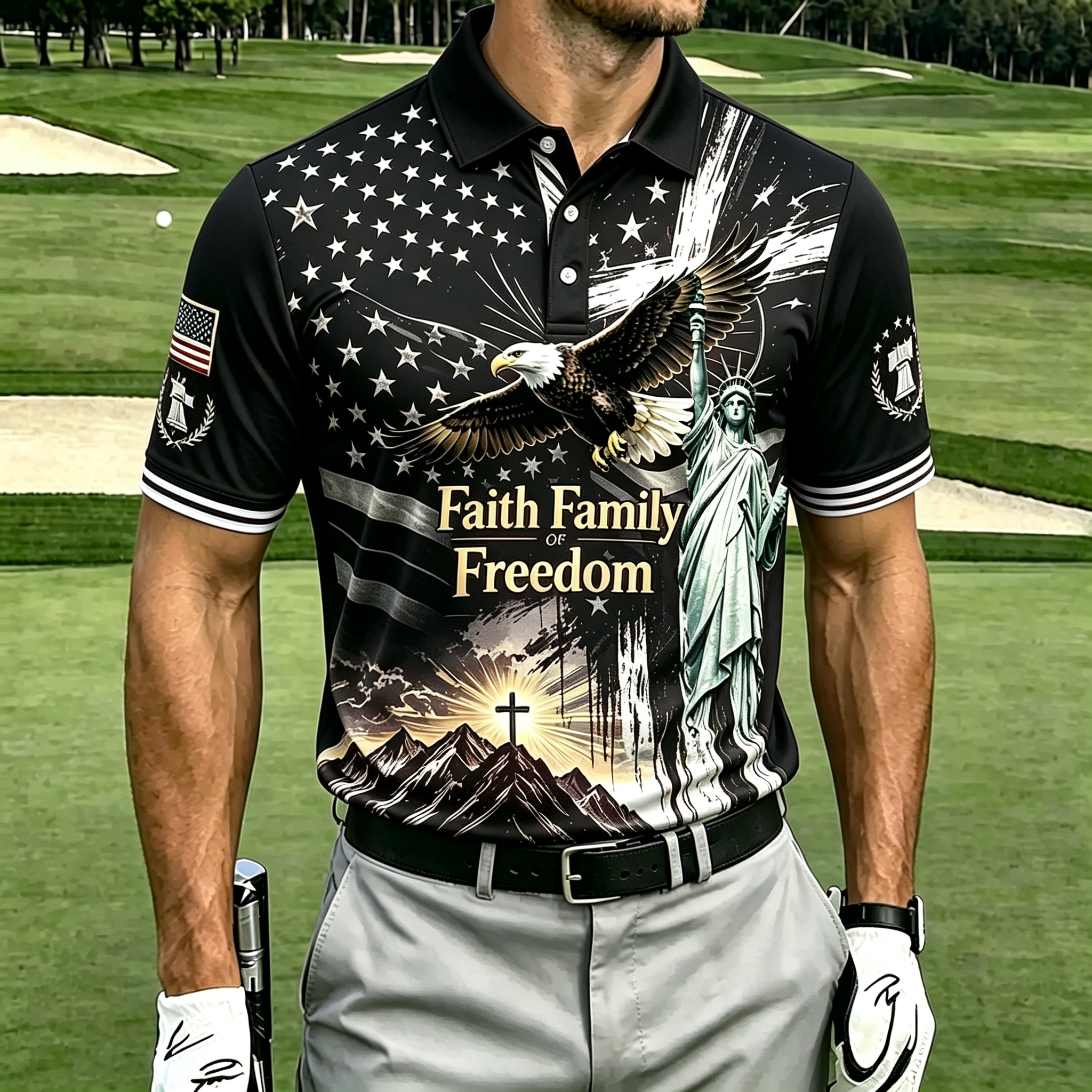 Faith Family Freedom Eagle Statue Liberty Flag Cross Print Contrast Collar Golf Polo Shirt for Men
