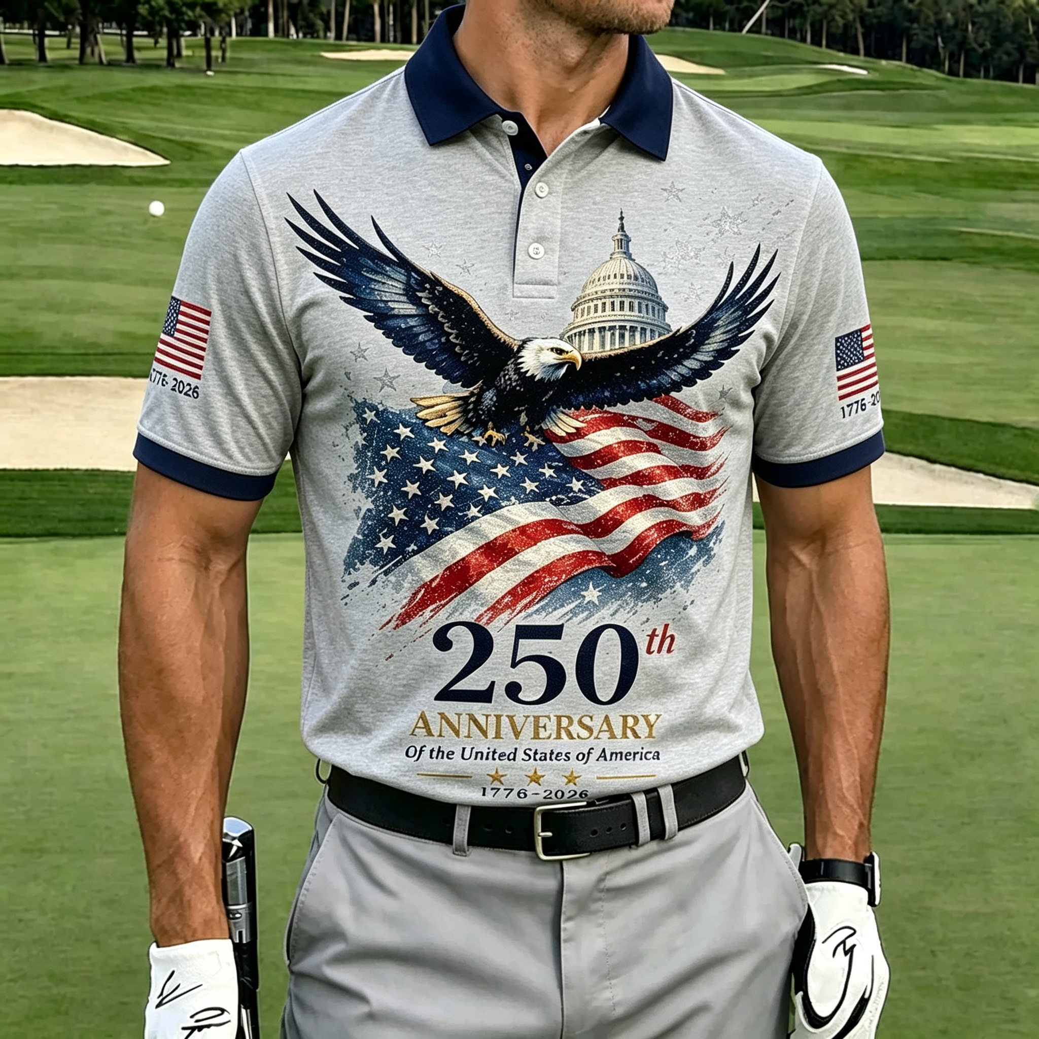 Flying Eagle Capitol Vintage Flag Patriotic Men Golf Polo