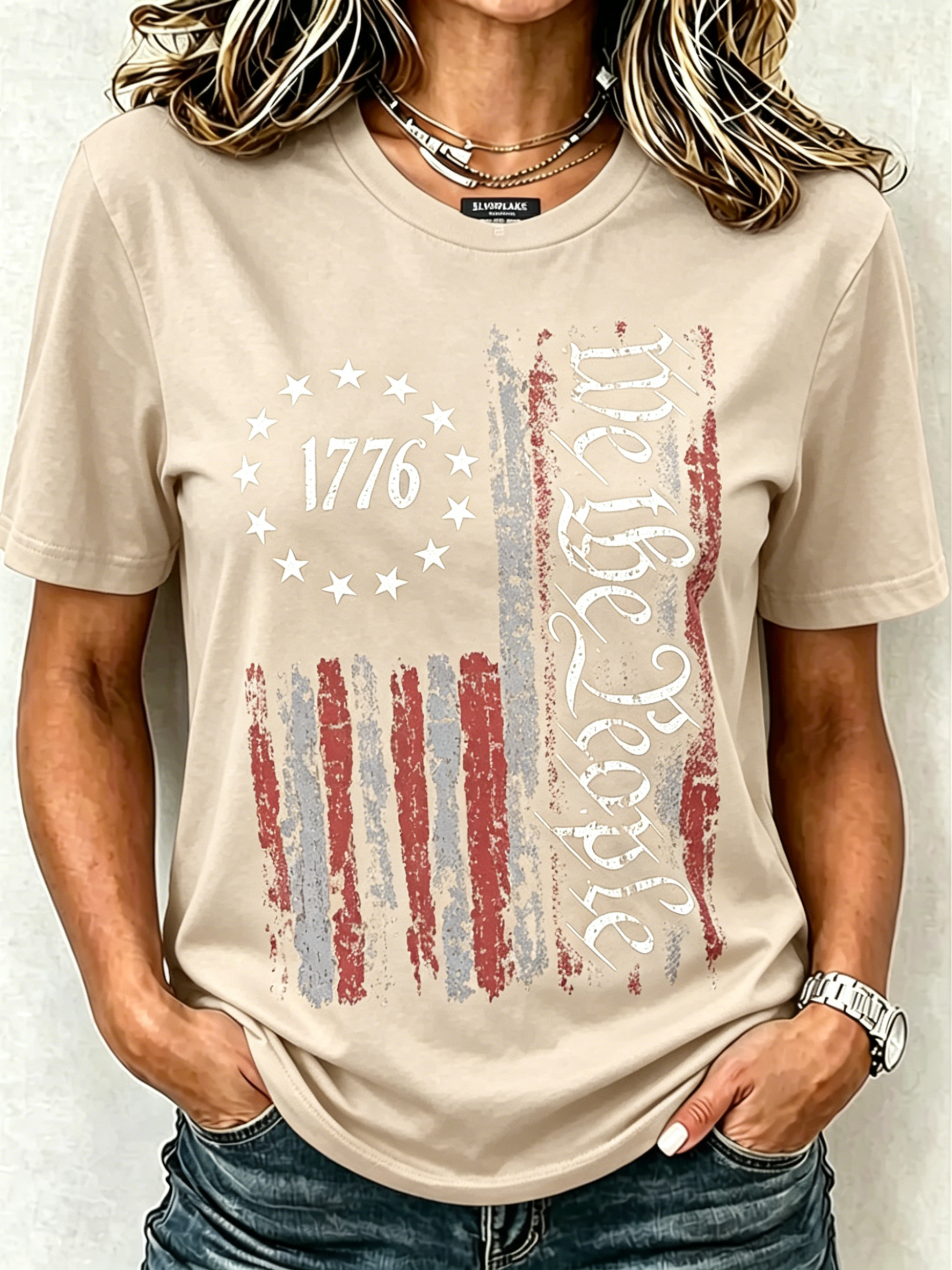 We The People Betsy Ross Flag 1776 Patriotic Print Oversized Women Crew Neck Short Sleeve Tee
