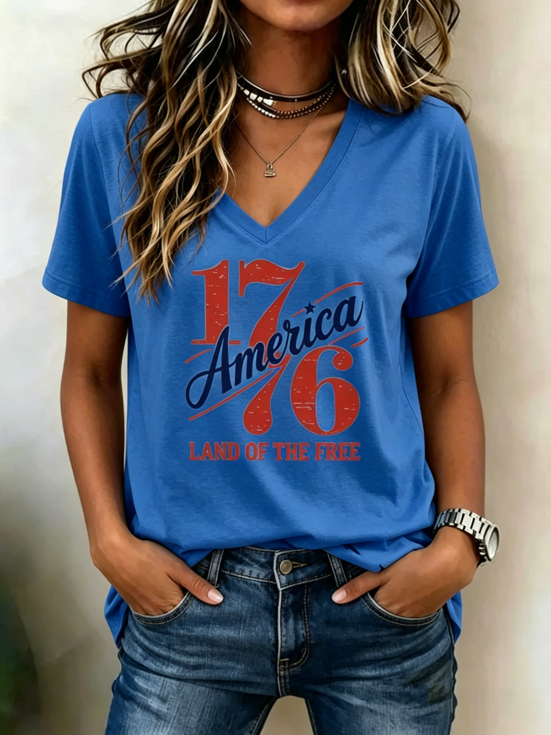 Vintage 1776 America Land Of The Free Letter Print V Neck Patriotic Casual Short Sleeve T-Shirt
