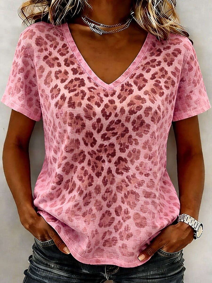 Leopard Print V Neck Short Sleeve T-Shirt for Women