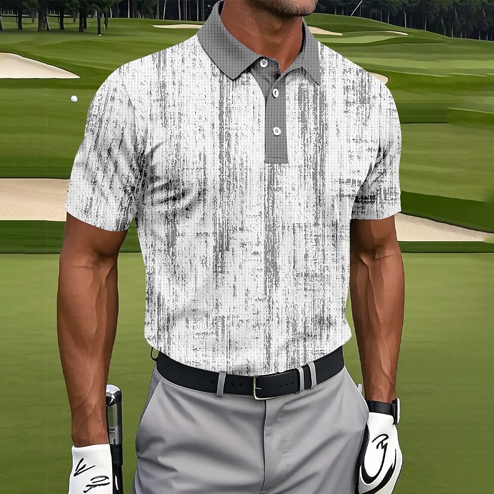 Distressed Vertical Texture Print Contrast Collar Golf Polo Shirt for Men